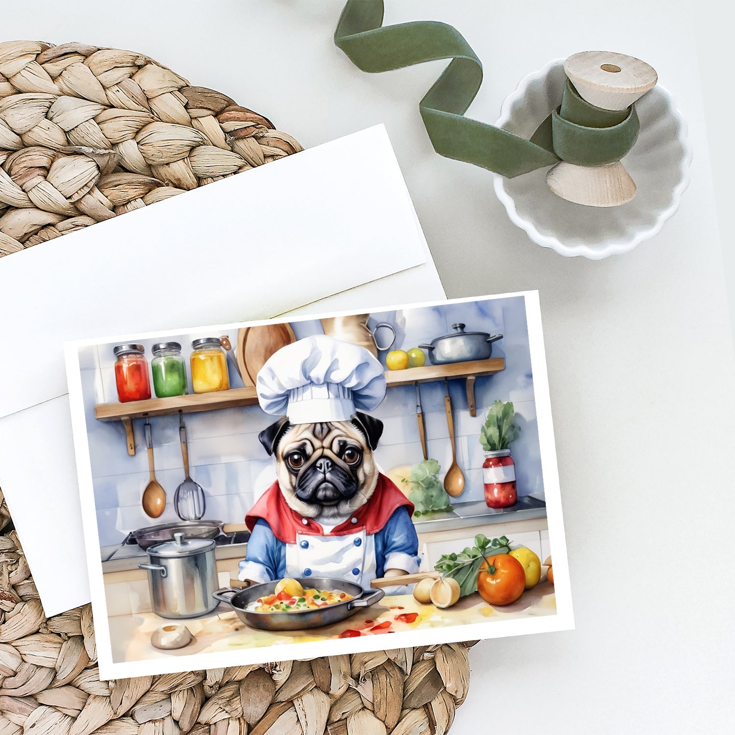 Pug The Chef Greeting Cards Pack of 8 Blank Cards with Envelopes Whimsical A7 Size 5x7
