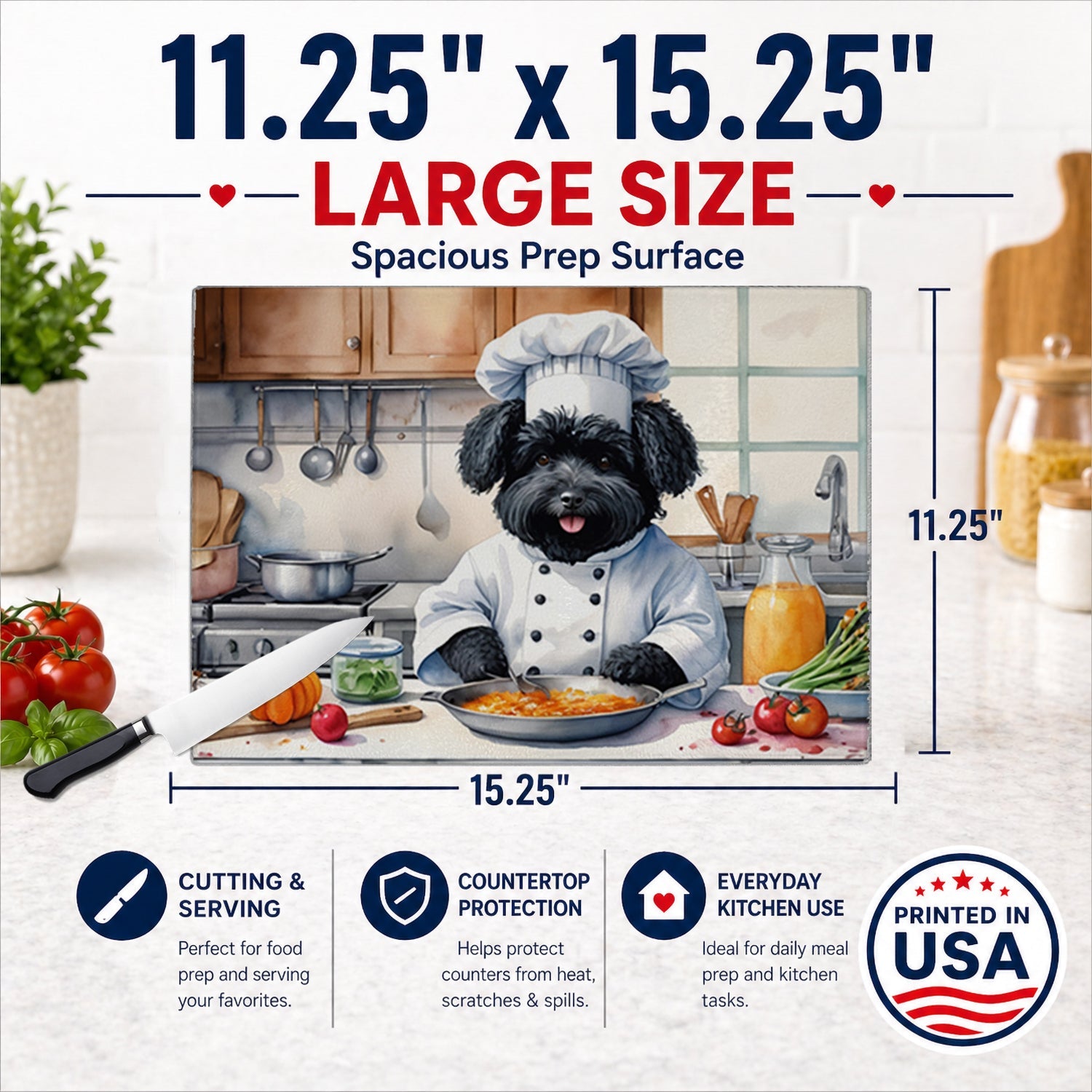 Puli The Chef Cutting Board Tempered Glass Kitchen Cutting Surface, Heat Resistant Chopping, Non-Slip Feet, Food Prep & Serving
