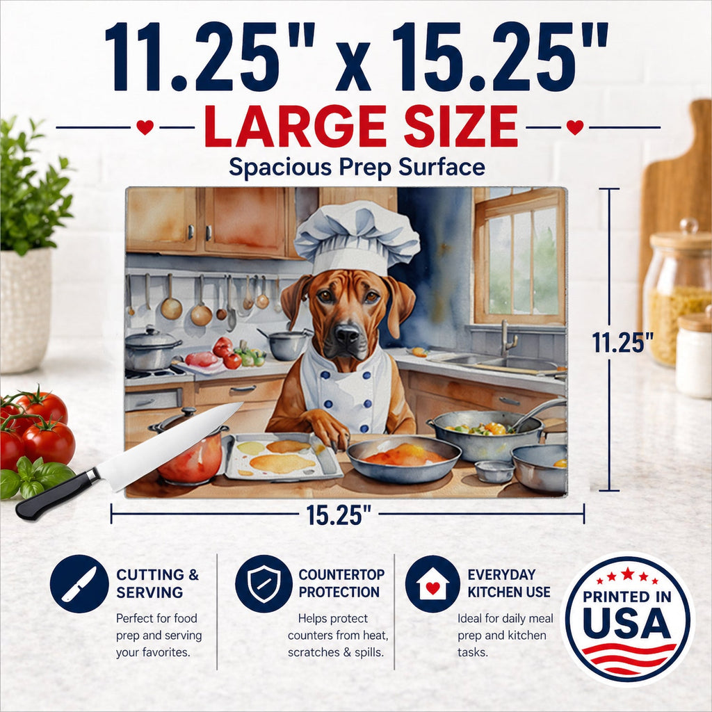 Rhodesian Ridgeback The Chef Cutting Board Tempered Glass Kitchen Cutting Surface, Heat Resistant Chopping, Non-Slip Feet, Food Prep & Serving