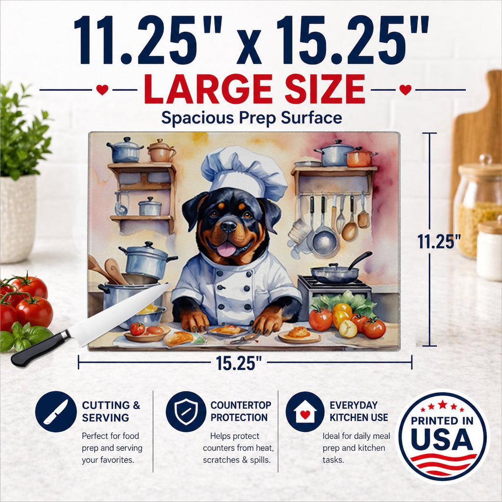 Rottweiler The Chef Cutting Board Tempered Glass Kitchen Cutting Surface, Heat Resistant Chopping, Non-Slip Feet, Food Prep & Serving