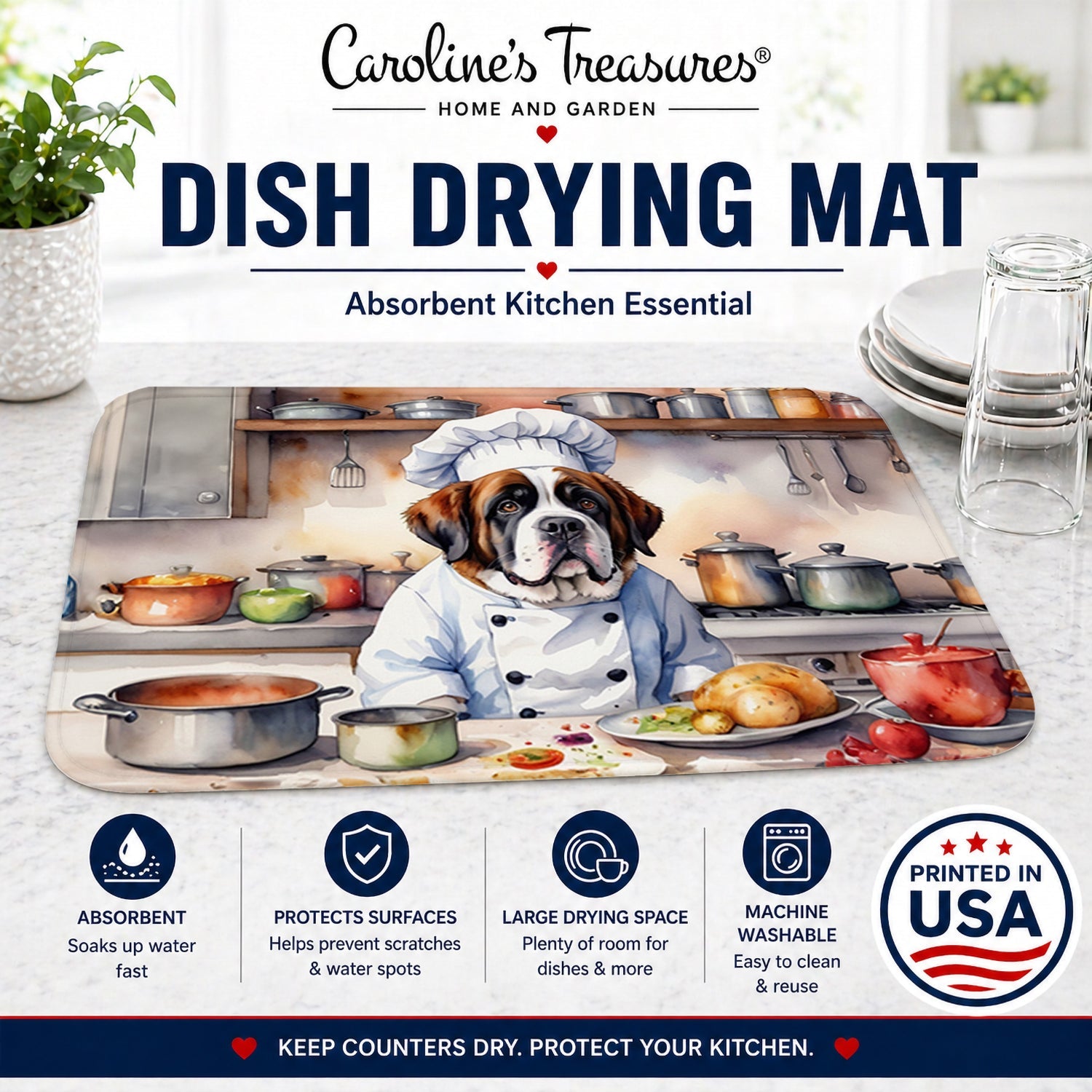 Saint Bernard The Chef Dish Drying Mat Absorbent Dish Drying Mat Pad for Kitchen Counter Dish Drainer Mat for Countertop, 14 x 21", Multicolor
