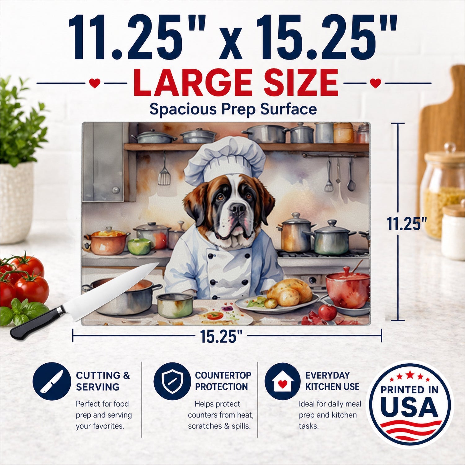 Saint Bernard The Chef Cutting Board Tempered Glass Kitchen Cutting Surface, Heat Resistant Chopping, Non-Slip Feet, Food Prep & Serving