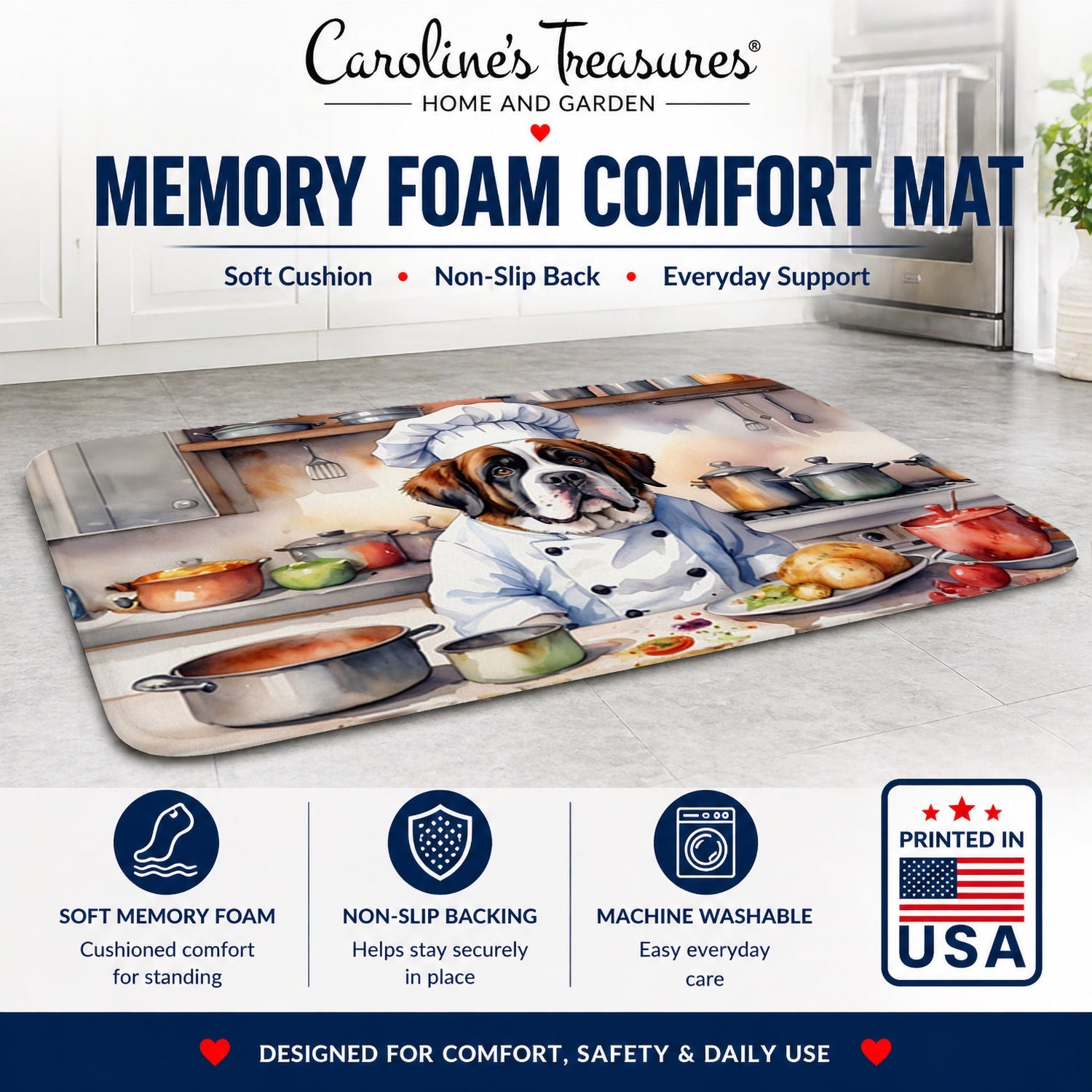 Saint Bernard The Chef Memory Foam Kitchen Mat Machine Washable Anti-Fatigue Cushion Comfort Bath or Kitchen Rug