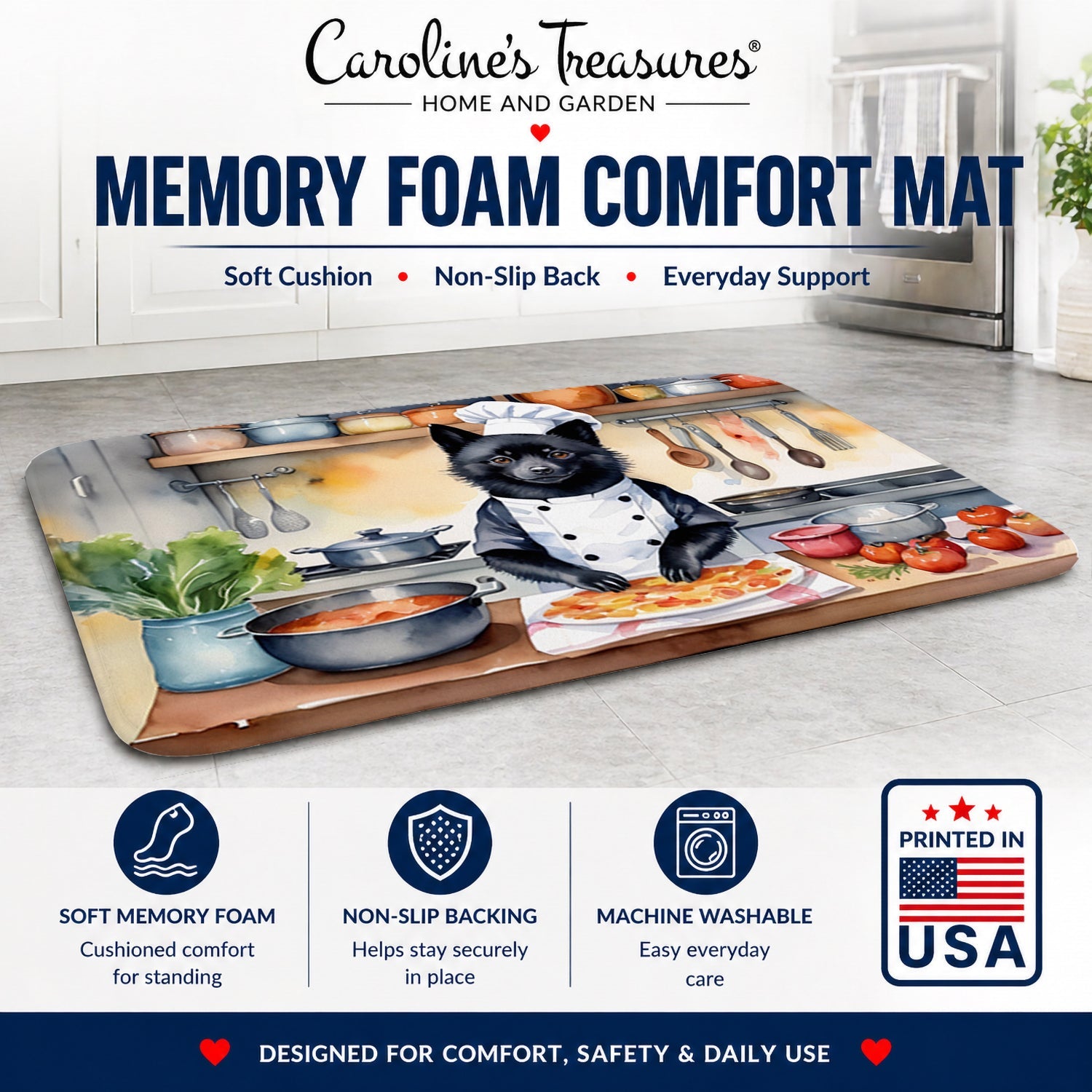 Schipperke The Chef Memory Foam Kitchen Mat Machine Washable Anti-Fatigue Cushion Comfort Bath or Kitchen Rug