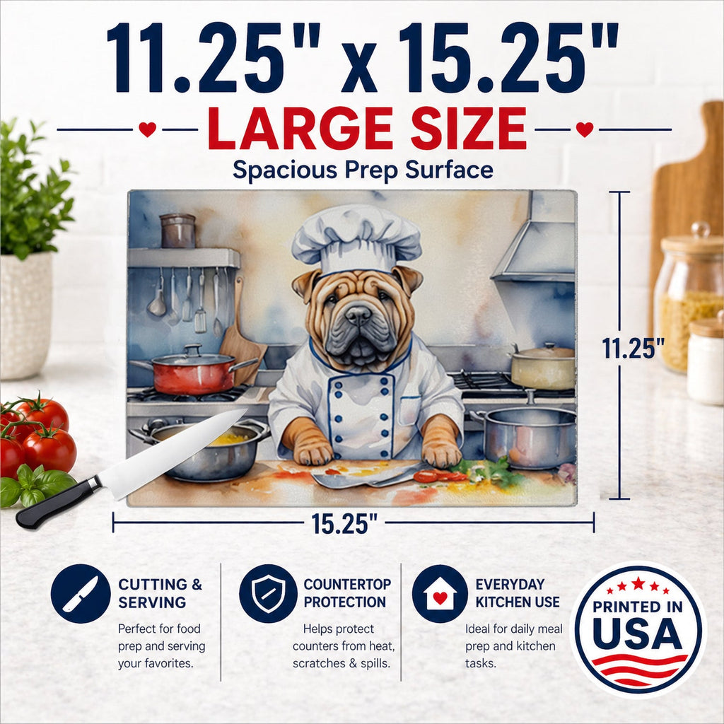 Shar Pei The Chef Cutting Board Tempered Glass Kitchen Cutting Surface, Heat Resistant Chopping, Non-Slip Feet, Food Prep & Serving