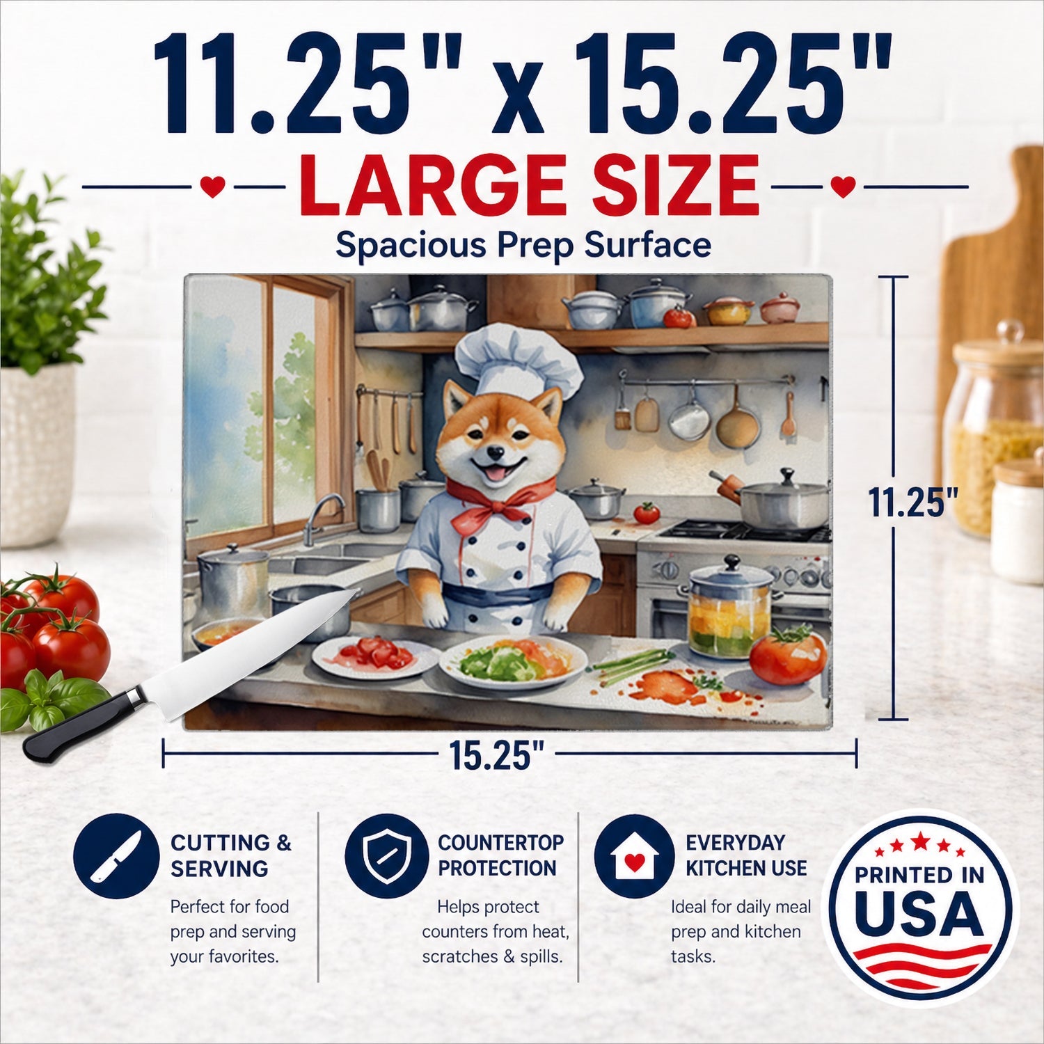 Shiba Inu The Chef Cutting Board Tempered Glass Kitchen Cutting Surface, Heat Resistant Chopping, Non-Slip Feet, Food Prep & Serving