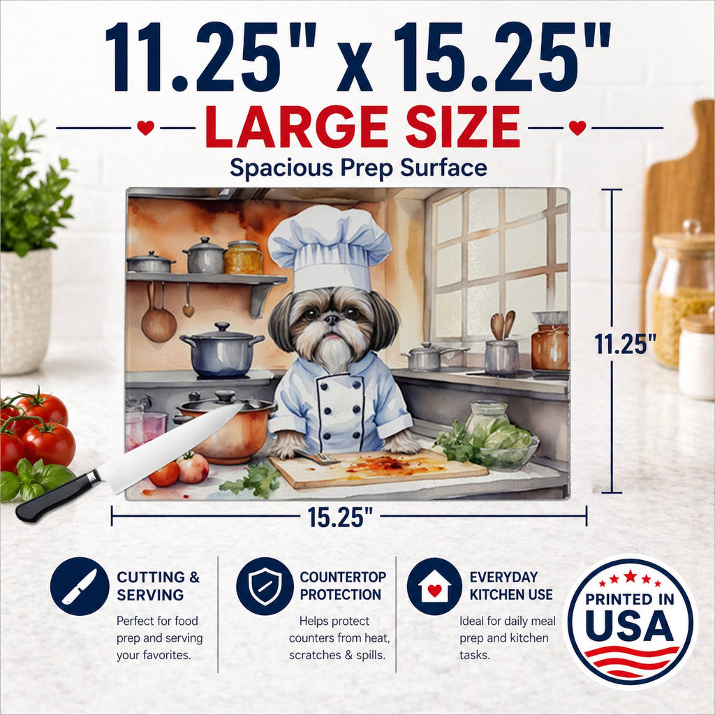 Shih Tzu The Chef Cutting Board Tempered Glass Kitchen Cutting Surface, Heat Resistant Chopping, Non-Slip Feet, Food Prep & Serving