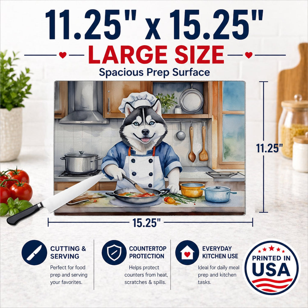 Siberian Husky The Chef Cutting Board Tempered Glass Kitchen Cutting Surface, Heat Resistant Chopping, Non-Slip Feet, Food Prep & Serving