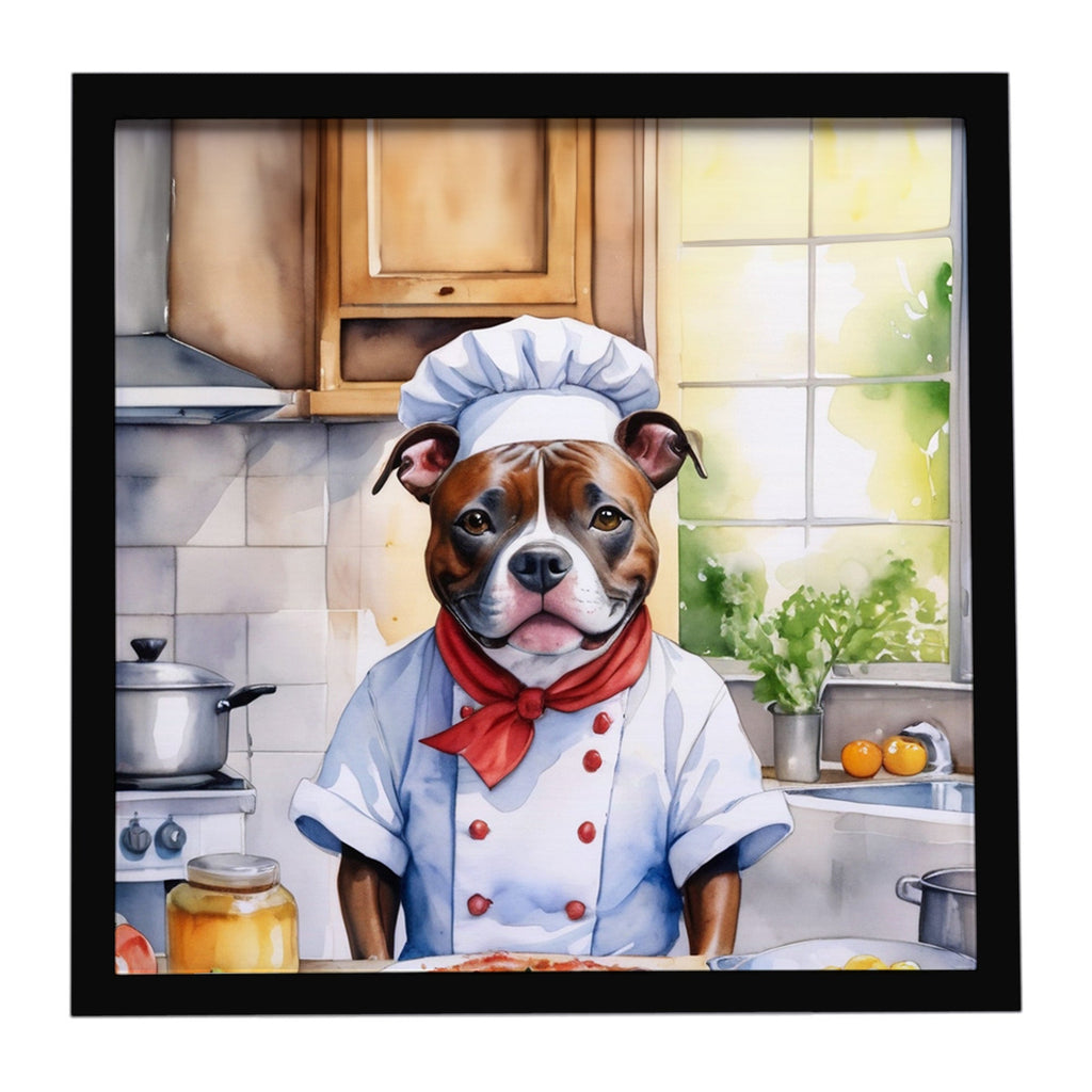 Staffordshire Bull Terrier The Chef Framed Metal Print Bathroom, Kitchen, Office, Home Decor Wall Art Ready to Hang, Square, 8X8