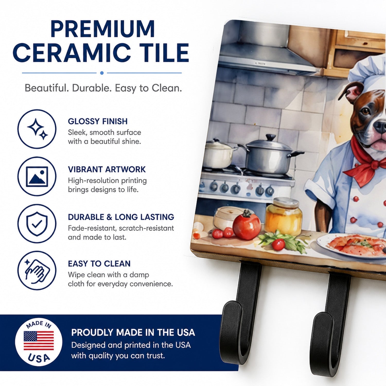 Staffordshire Bull Terrier The Chef Leash or Key Holder Wall Hooks, Coat Rack Wall Mount, for Hanging Keys, Towels, Aprons, Leashes