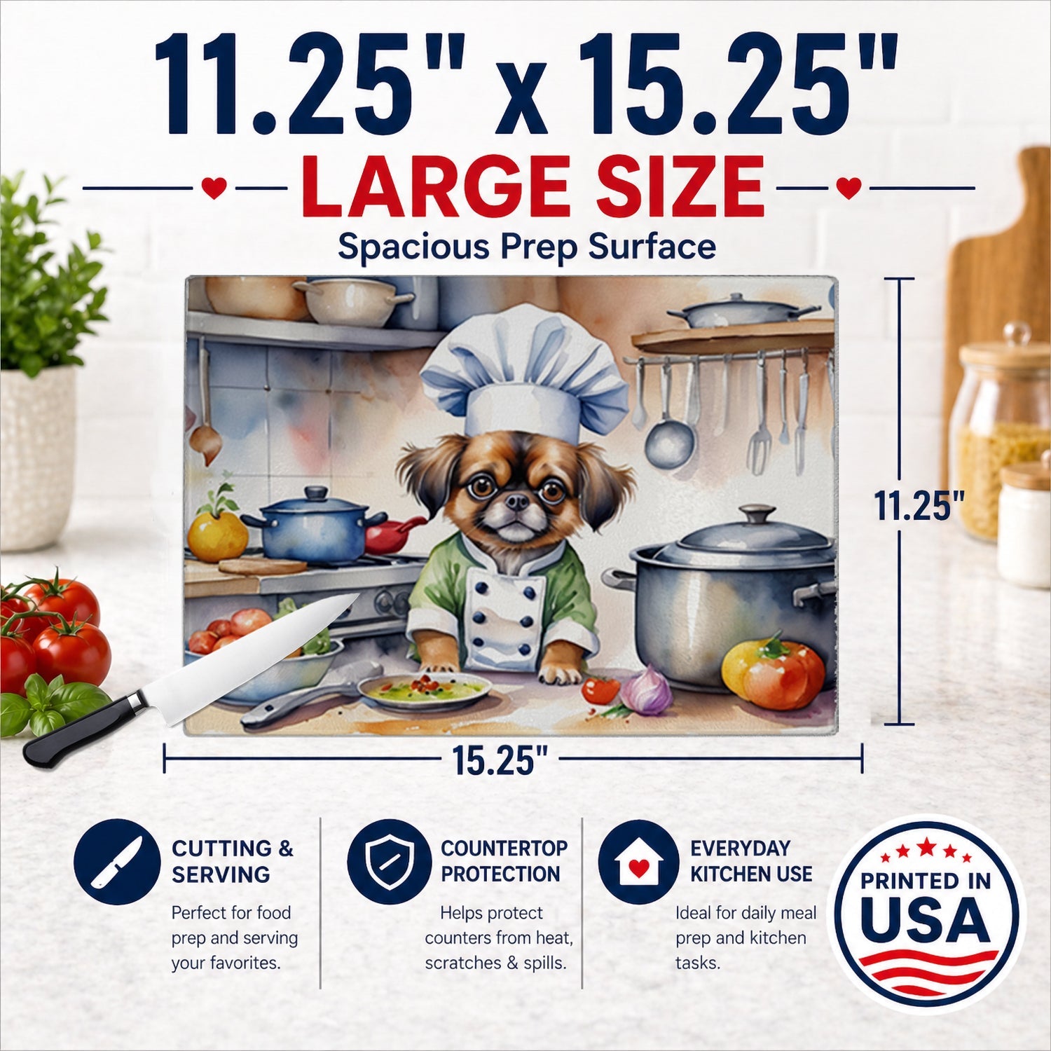 Tibetan Spaniel The Chef Cutting Board Tempered Glass Kitchen Cutting Surface, Heat Resistant Chopping, Non-Slip Feet, Food Prep & Serving