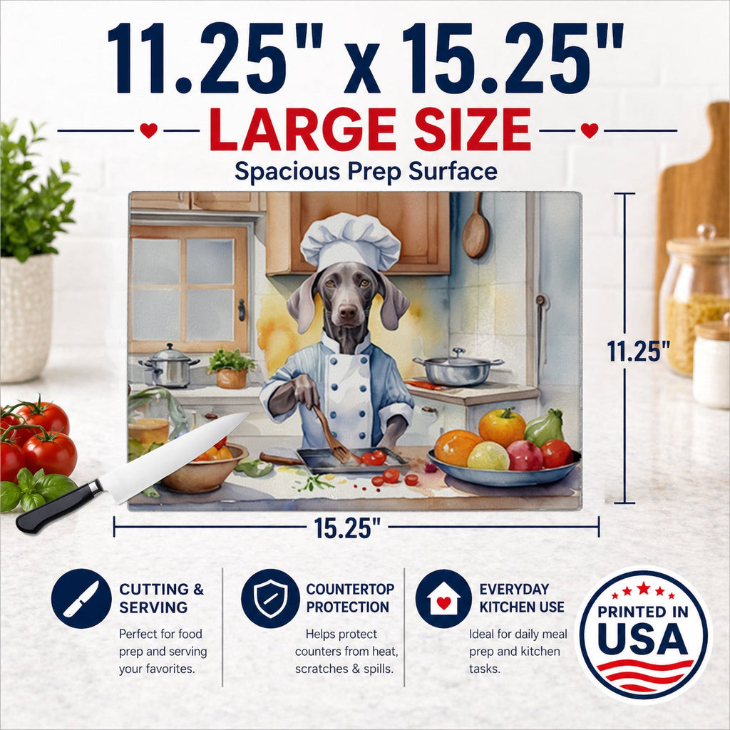 Weimaraner The Chef Cutting Board Tempered Glass Kitchen Cutting Surface, Heat Resistant Chopping, Non-Slip Feet, Food Prep & Serving