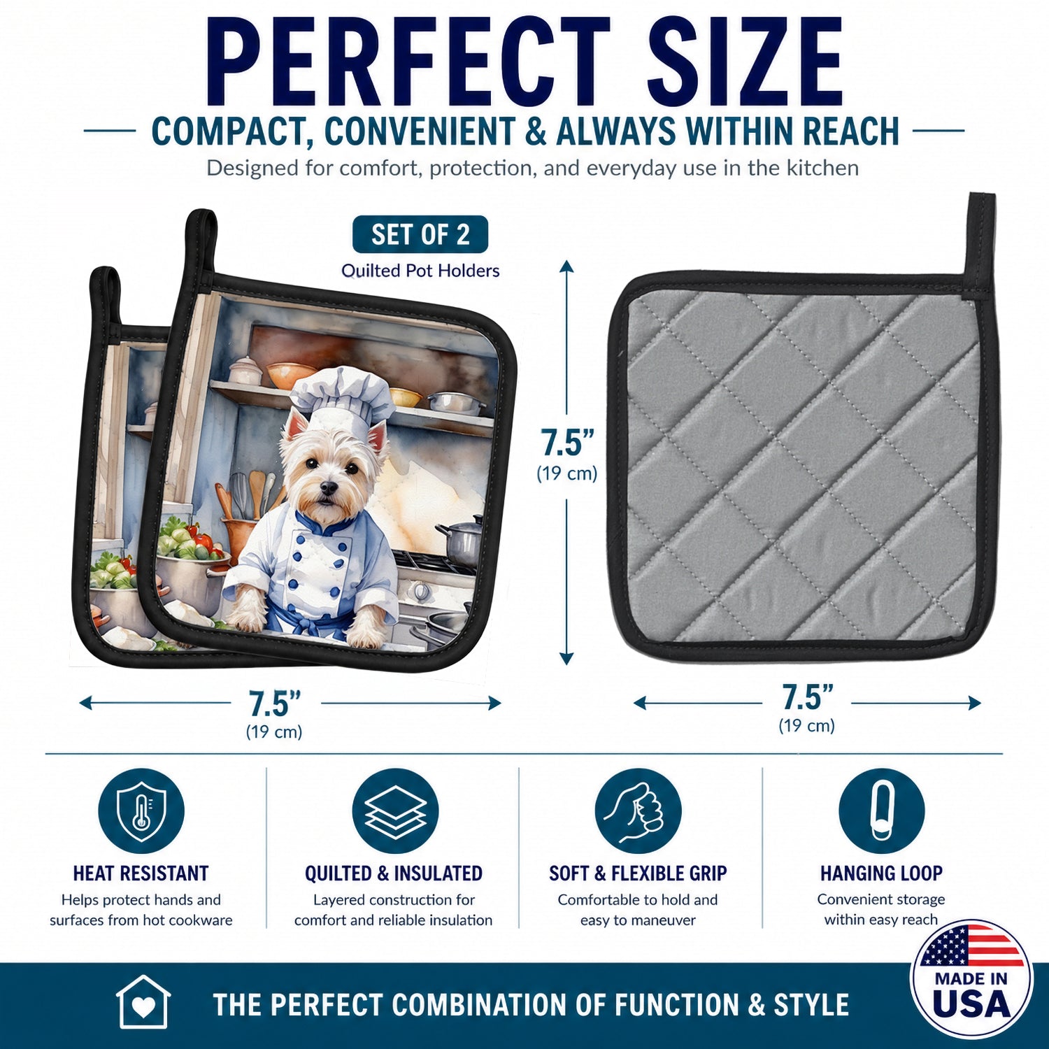 Westie The Chef Pot Holder Set of 2 Heat Resistant Quilted Hot Pads 7.5 x 7.5 Inch, Insulated Kitchen Trivets for Cooking & Baking