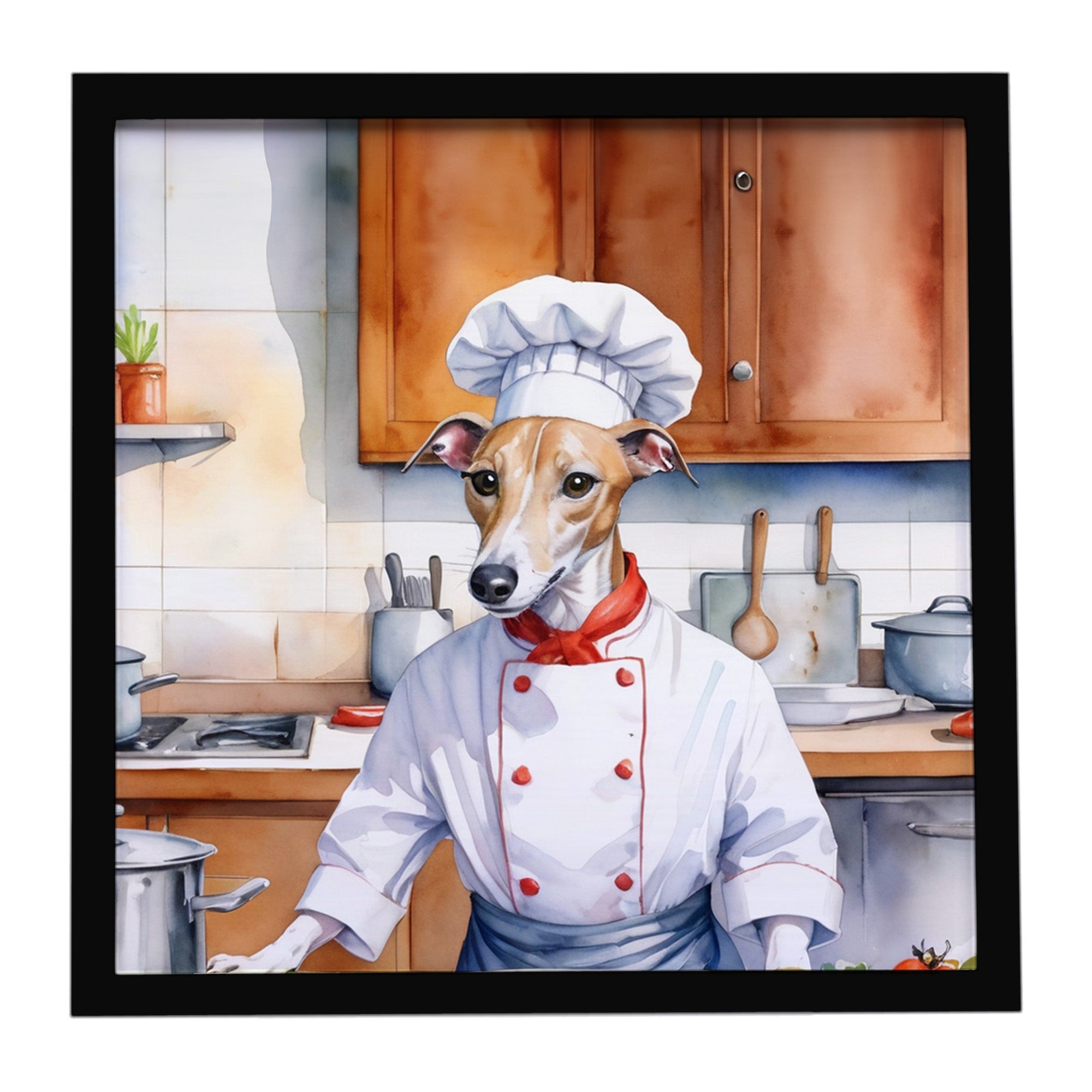 Whippet The Chef Framed Metal Print Bathroom, Kitchen, Office, Home Decor Wall Art Ready to Hang, Square, 8X8