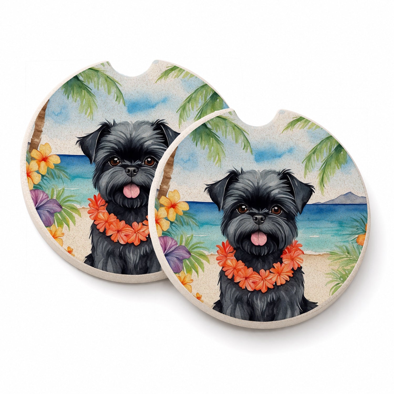 Affenpinscher Luau Set of 2 Cup Holder Car Coasters Absorbent Round Sandstone Coasters Gifts for Men or Women, 2.5, Multicolor