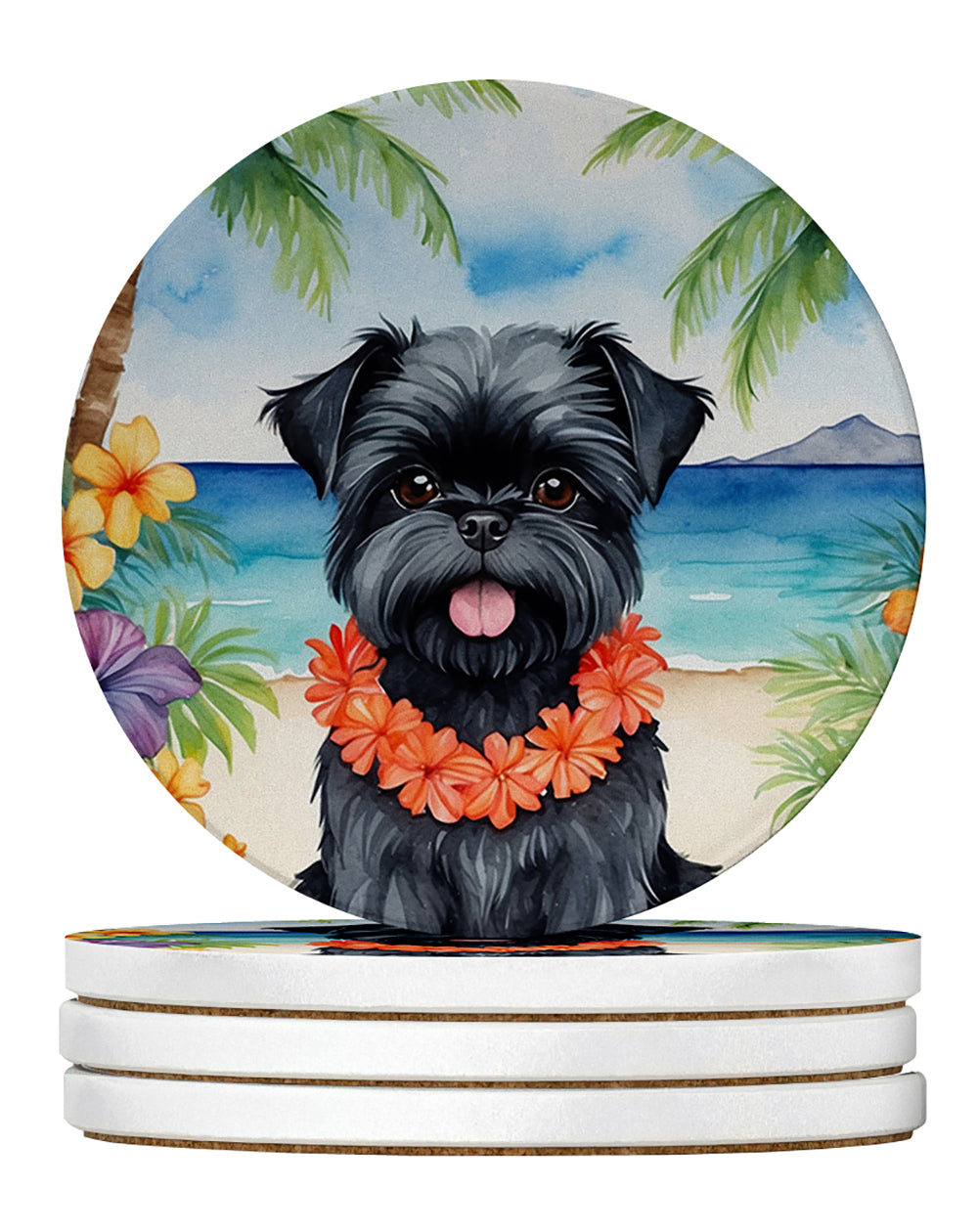 Affenpinscher Luau Large Sandstone Coasters Pack of 4 Absorbent Round Coasters Decor Gifts for Men or Women, 4 in, Multicolor