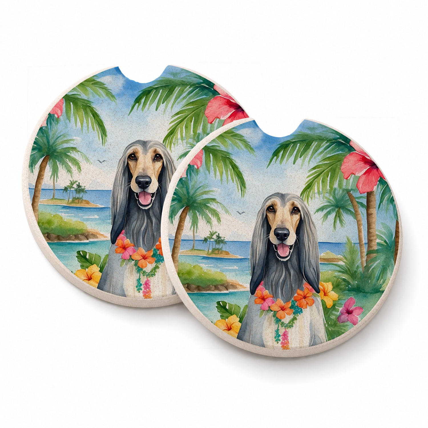 Afghan Hound Luau Set of 2 Cup Holder Car Coasters Absorbent Round Sandstone Coasters Gifts for Men or Women, 2.5, Multicolor