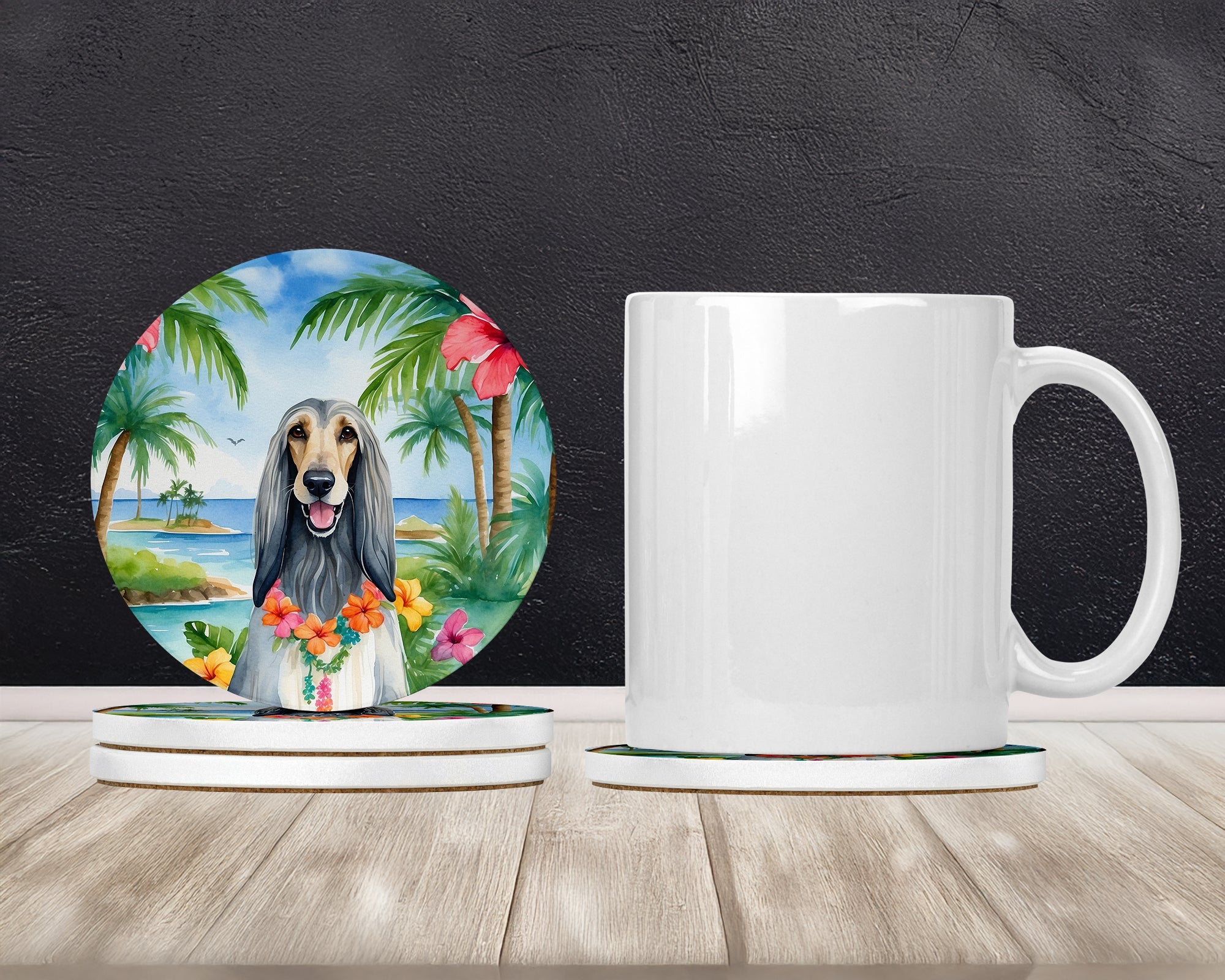 Afghan Hound Luau Large Sandstone Coasters Pack of 4 Absorbent Round Coasters Decor Gifts for Men or Women, 4 in, Multicolor
