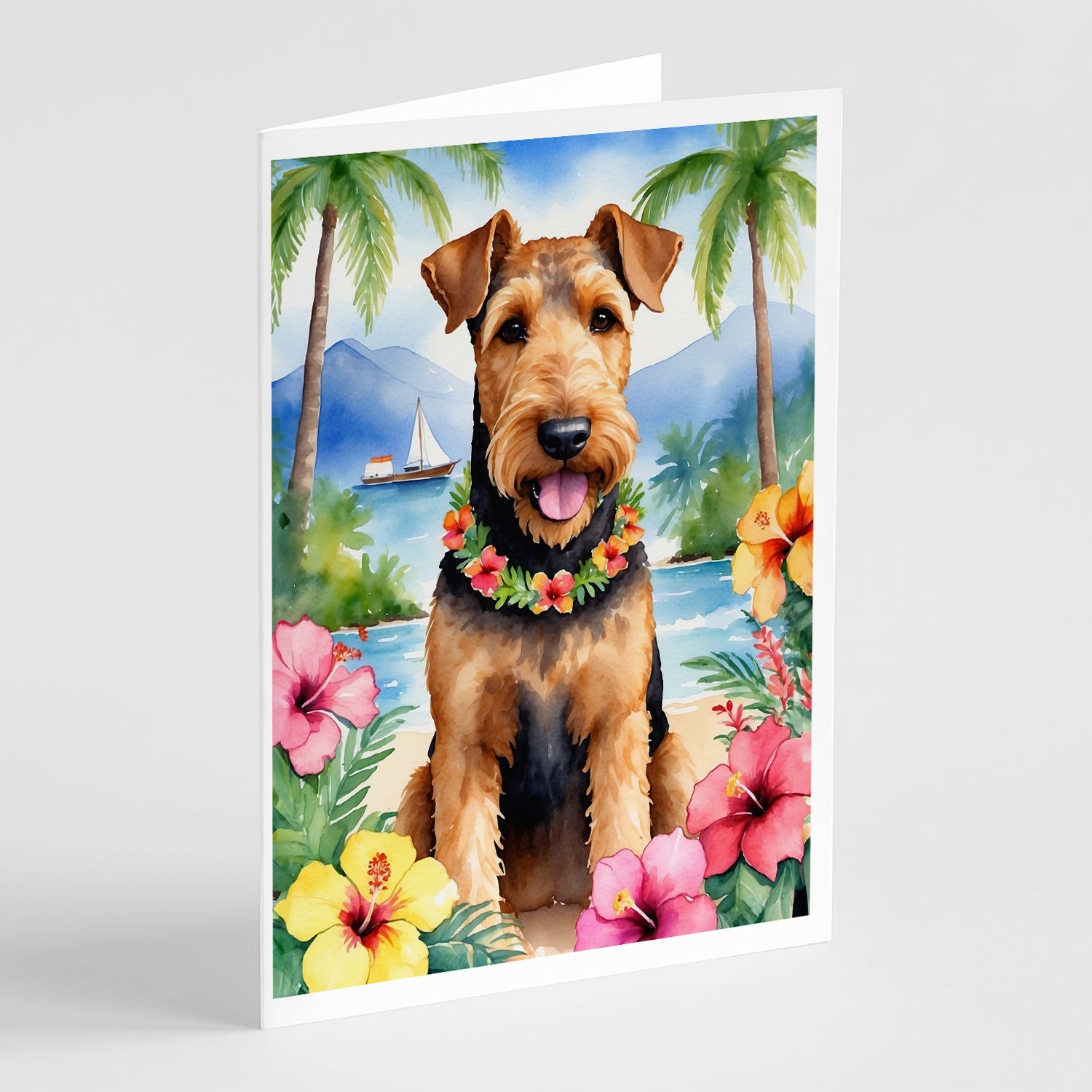 Airedale Terrier Luau Greeting Cards Pack of 8 Blank Cards with Envelopes Whimsical A7 Size 5x7