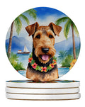 Airedale Terrier Luau Large Sandstone Coasters Pack of 4 Absorbent Round Coasters Decor Gifts for Men or Women, 4 in, Multicolor