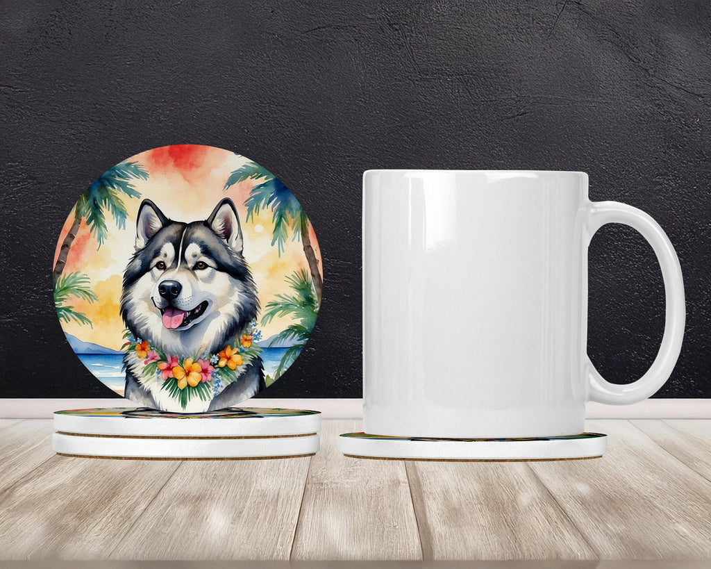 Alaskan Malamute Luau Large Sandstone Coasters Pack of 4 Absorbent Round Coasters Decor Gifts for Men or Women, 4 in, Multicolor