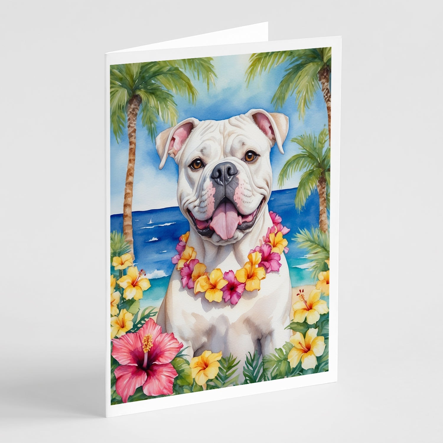 American Bulldog Luau Greeting Cards Pack of 8 Blank Cards with Envelopes Whimsical A7 Size 5x7