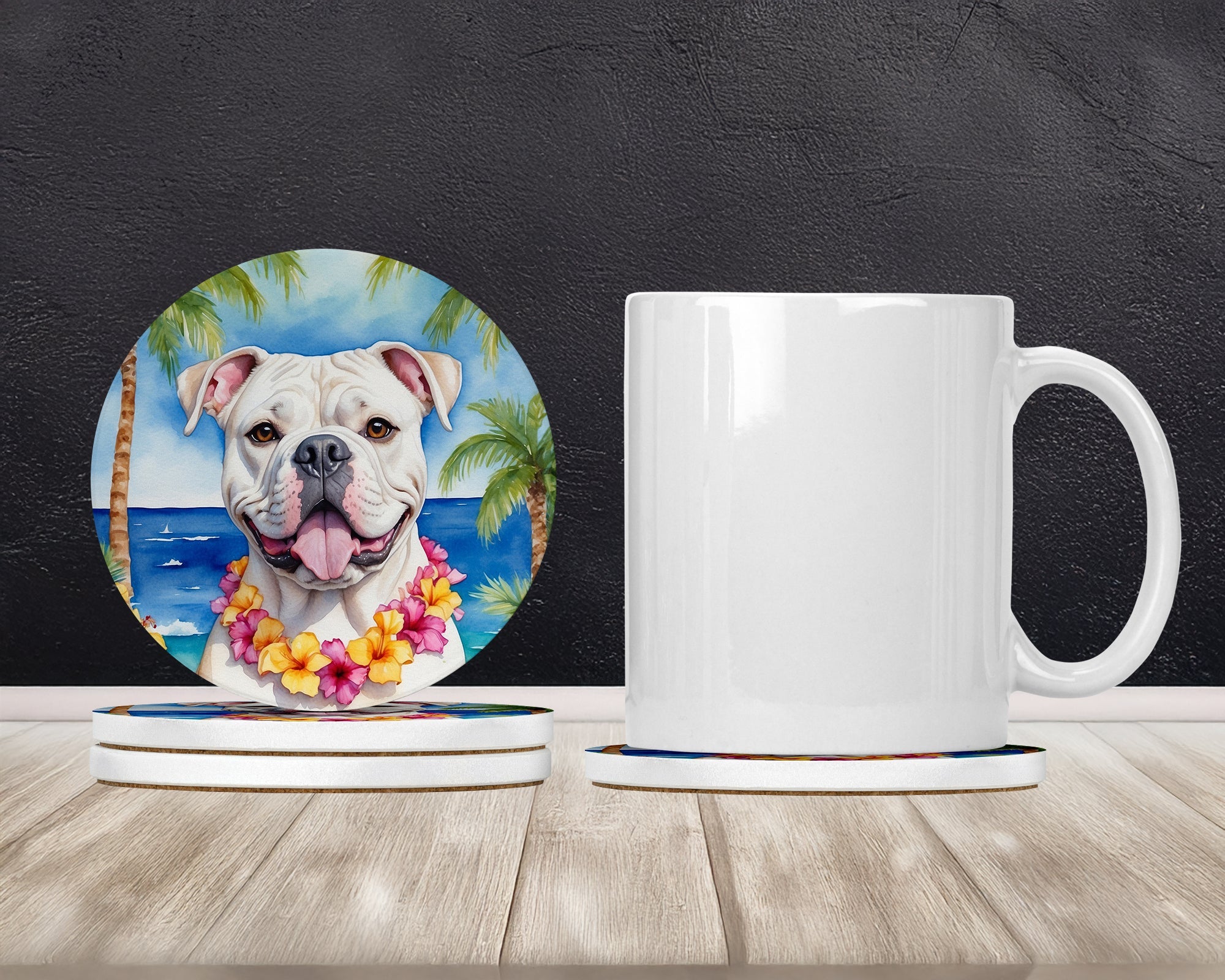 American Bulldog Luau Large Sandstone Coasters Pack of 4 Absorbent Round Coasters Decor Gifts for Men or Women, 4 in, Multicolor