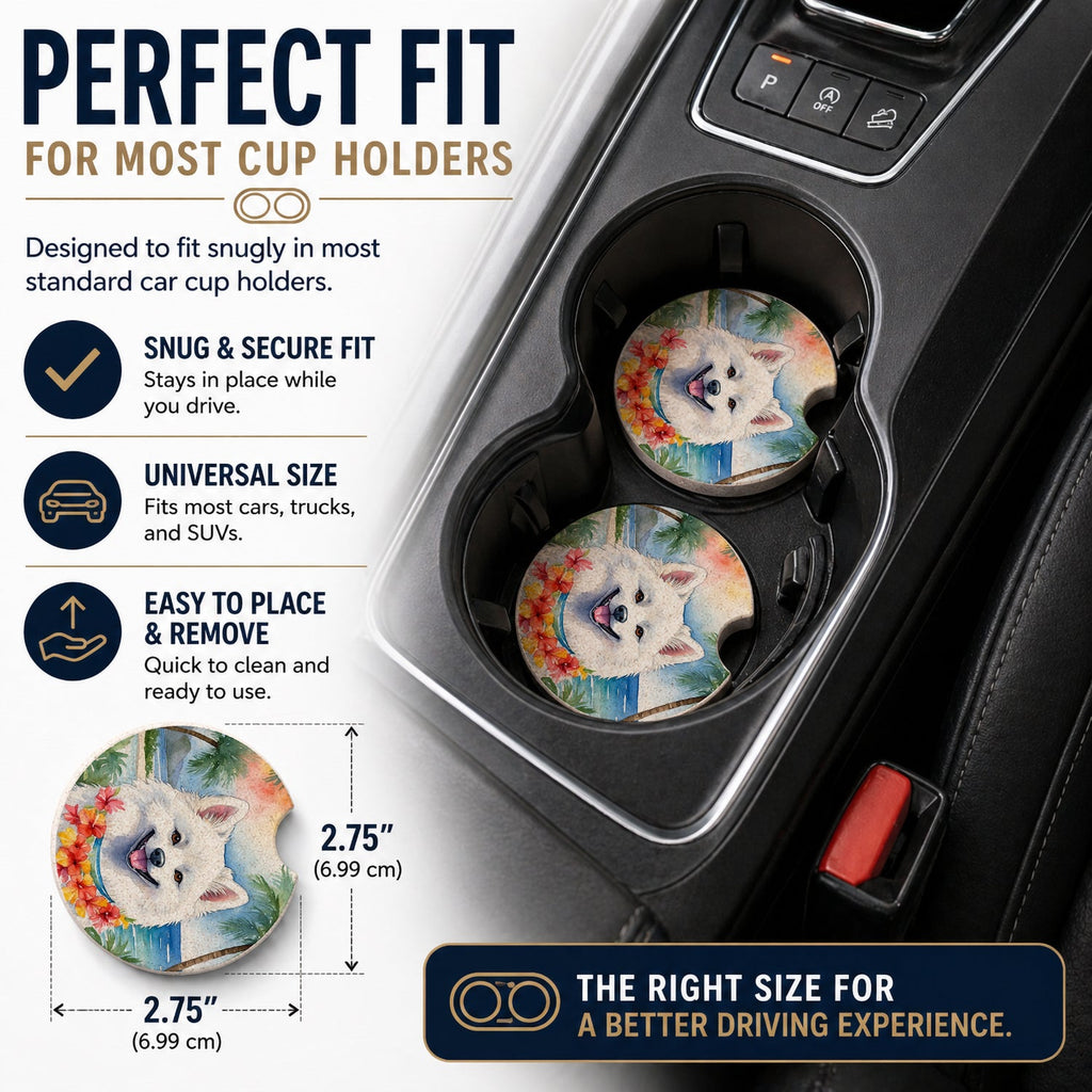 American Eskimo Luau Set of 2 Cup Holder Car Coasters Absorbent Round Sandstone Coasters Gifts for Men or Women, 2.5, Multicolor