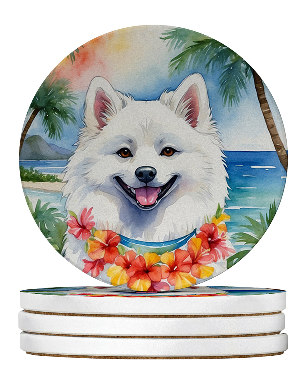 American Eskimo Luau Large Sandstone Coasters Pack of 4 Absorbent Round Coasters Decor Gifts for Men or Women, 4 in, Multicolor