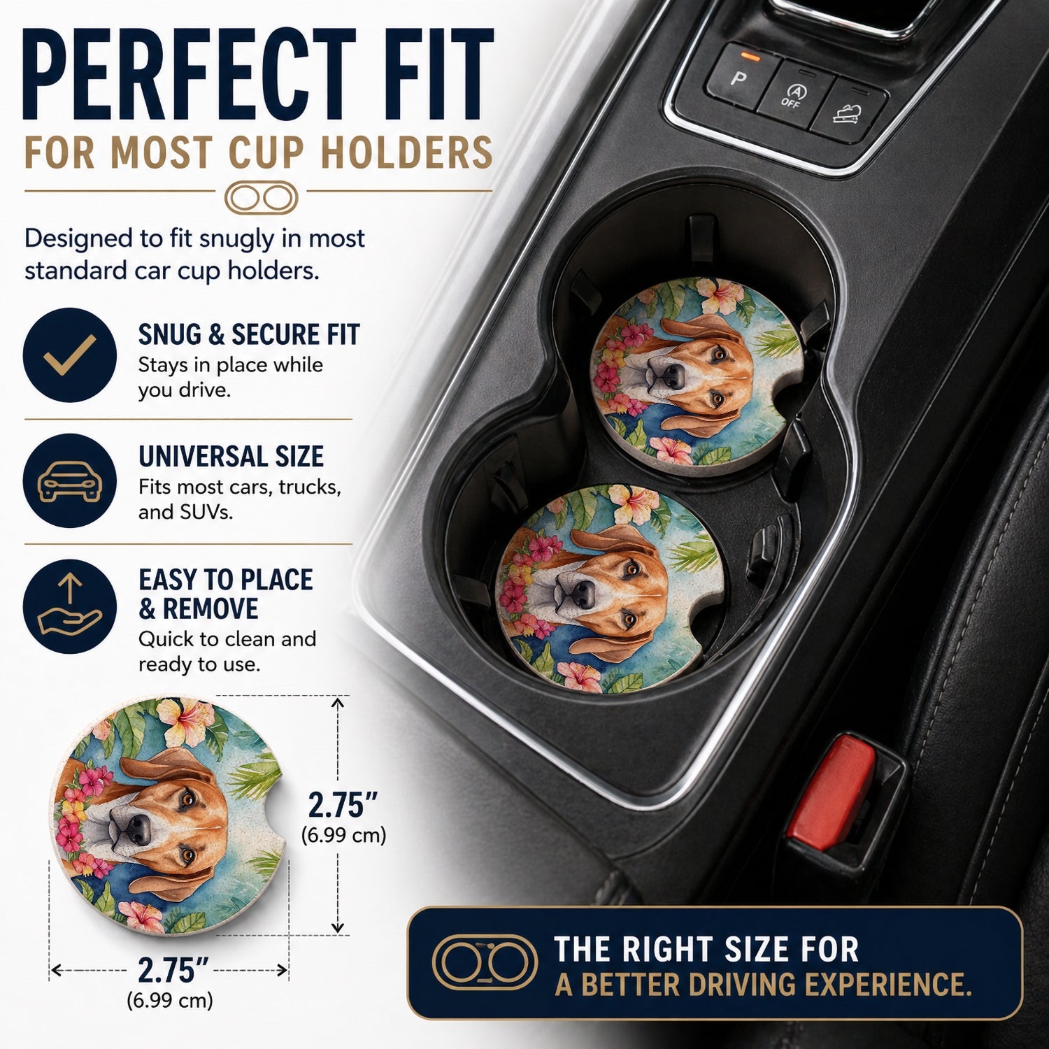 American Foxhound Luau Set of 2 Cup Holder Car Coasters Absorbent Round Sandstone Coasters Gifts for Men or Women, 2.5, Multicolor