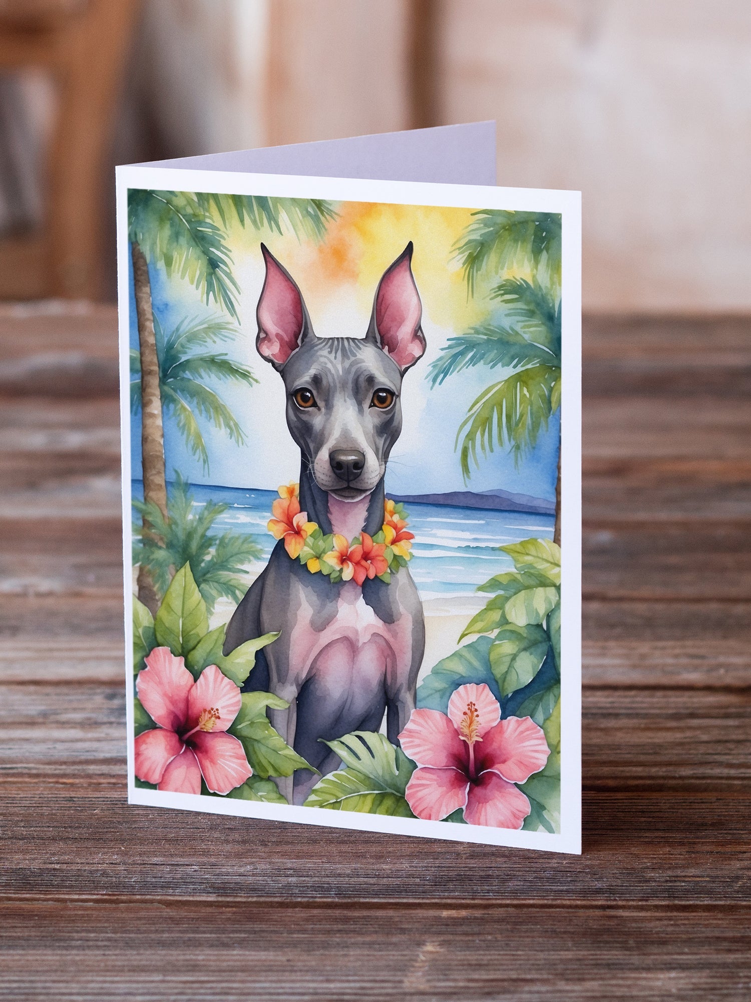 American Hairless Terrier Luau Greeting Cards Pack of 8 Blank Cards with Envelopes Whimsical A7 Size 5x7