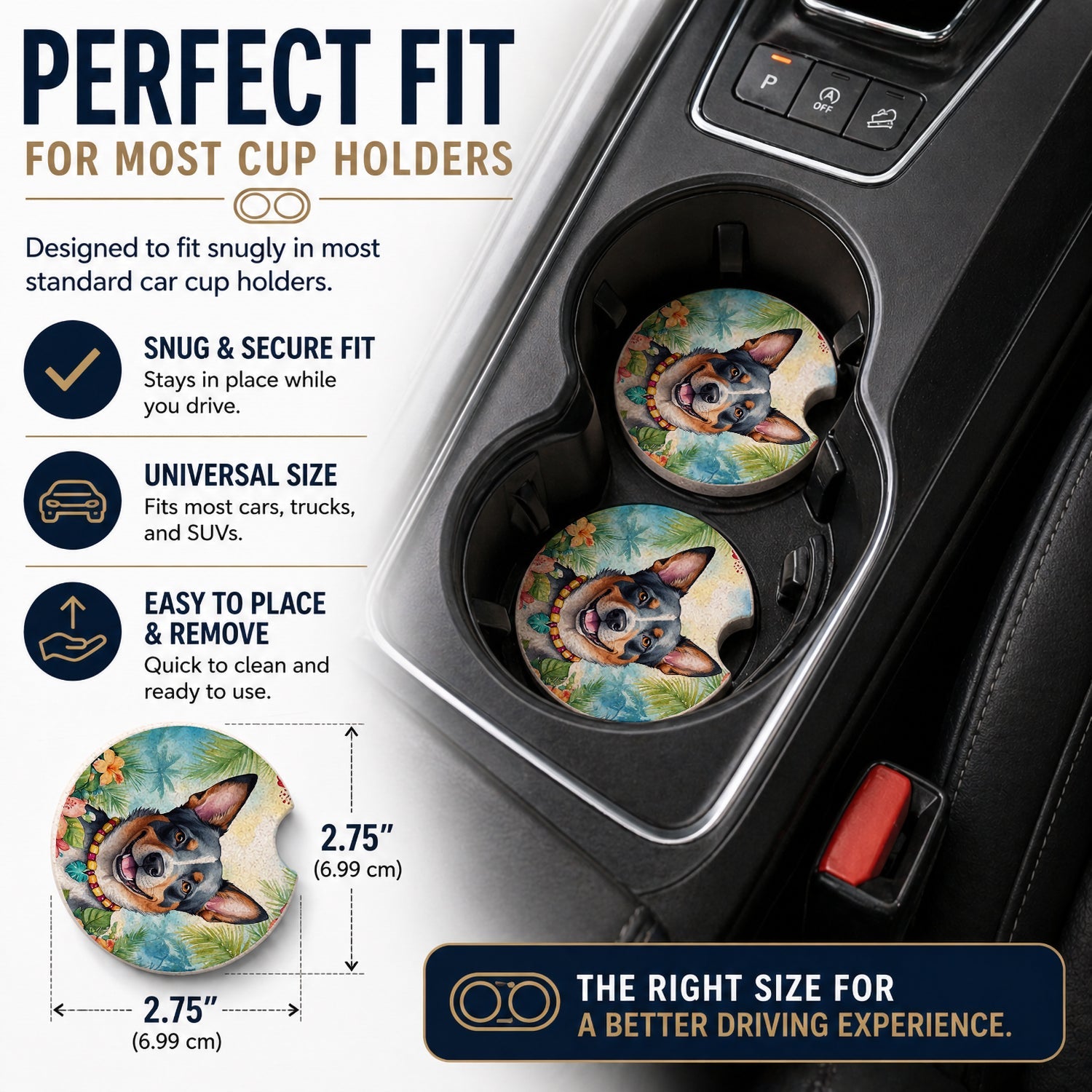 Australian Cattle Dog Luau Set of 2 Cup Holder Car Coasters Absorbent Round Sandstone Coasters Gifts for Men or Women, 2.5, Multicolor