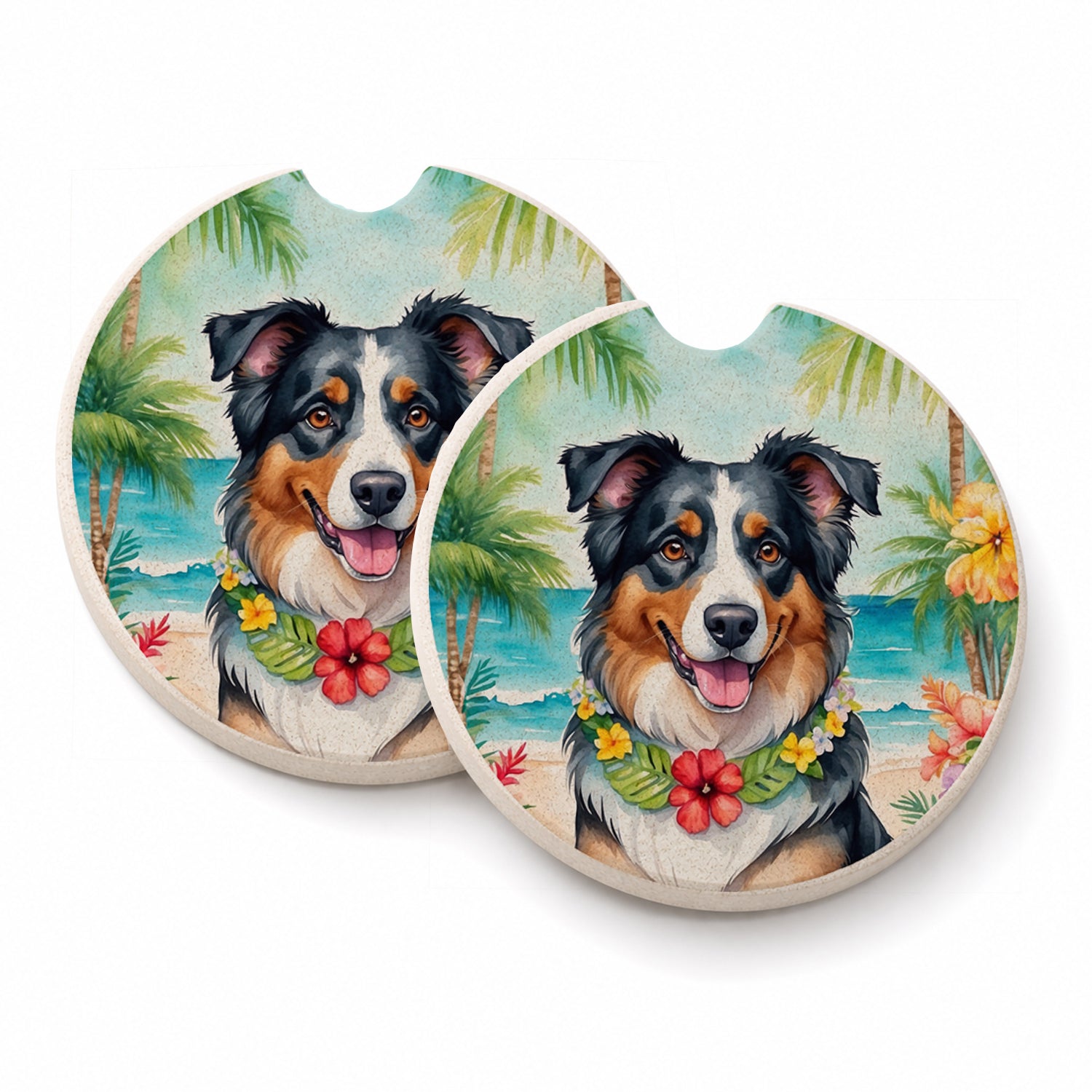Australian Shepherd Luau Set of 2 Cup Holder Car Coasters Absorbent Round Sandstone Coasters Gifts for Men or Women, 2.5, Multicolor