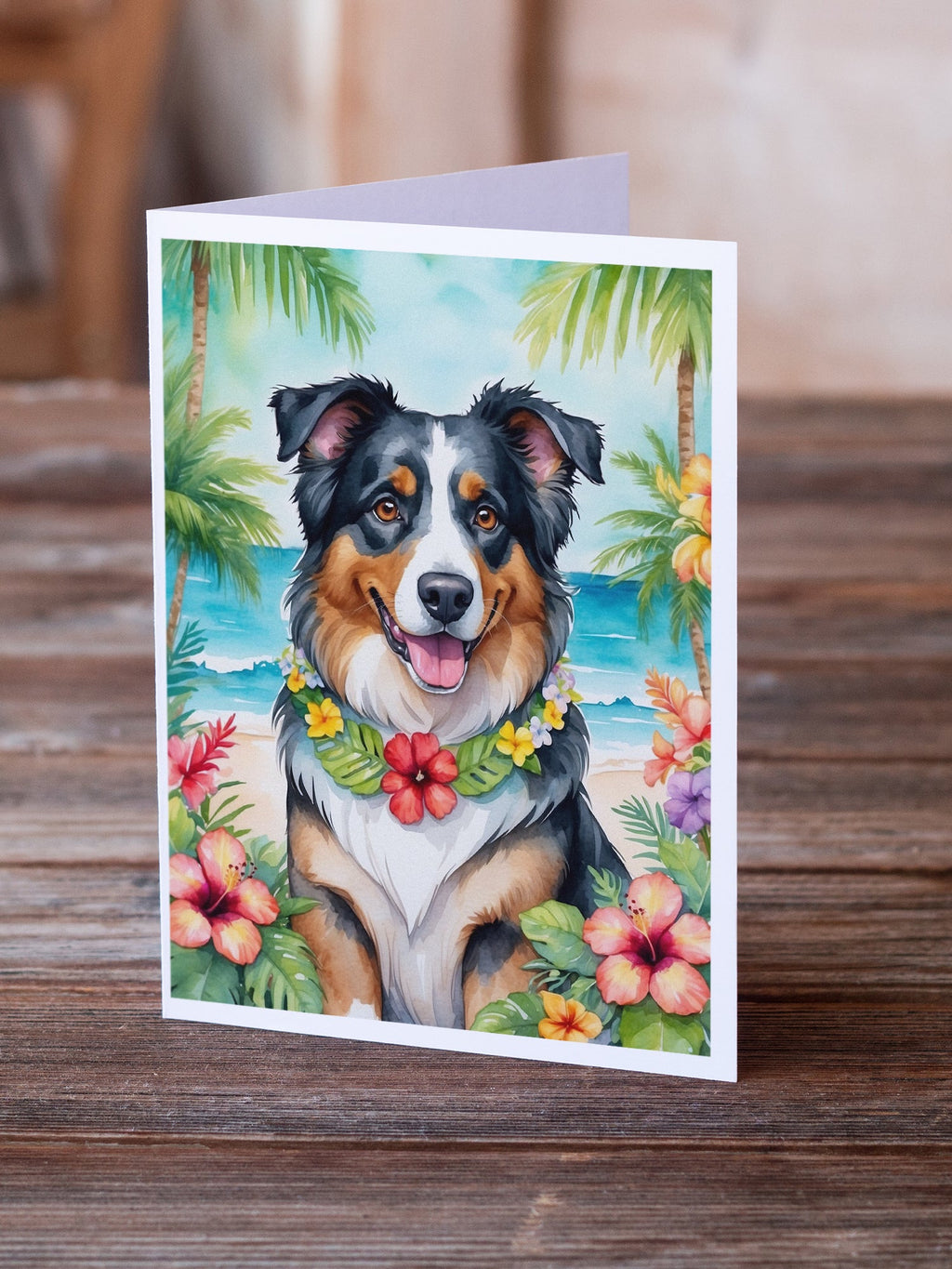 Australian Shepherd Luau Greeting Cards Pack of 8 Blank Cards with Envelopes Whimsical A7 Size 5x7