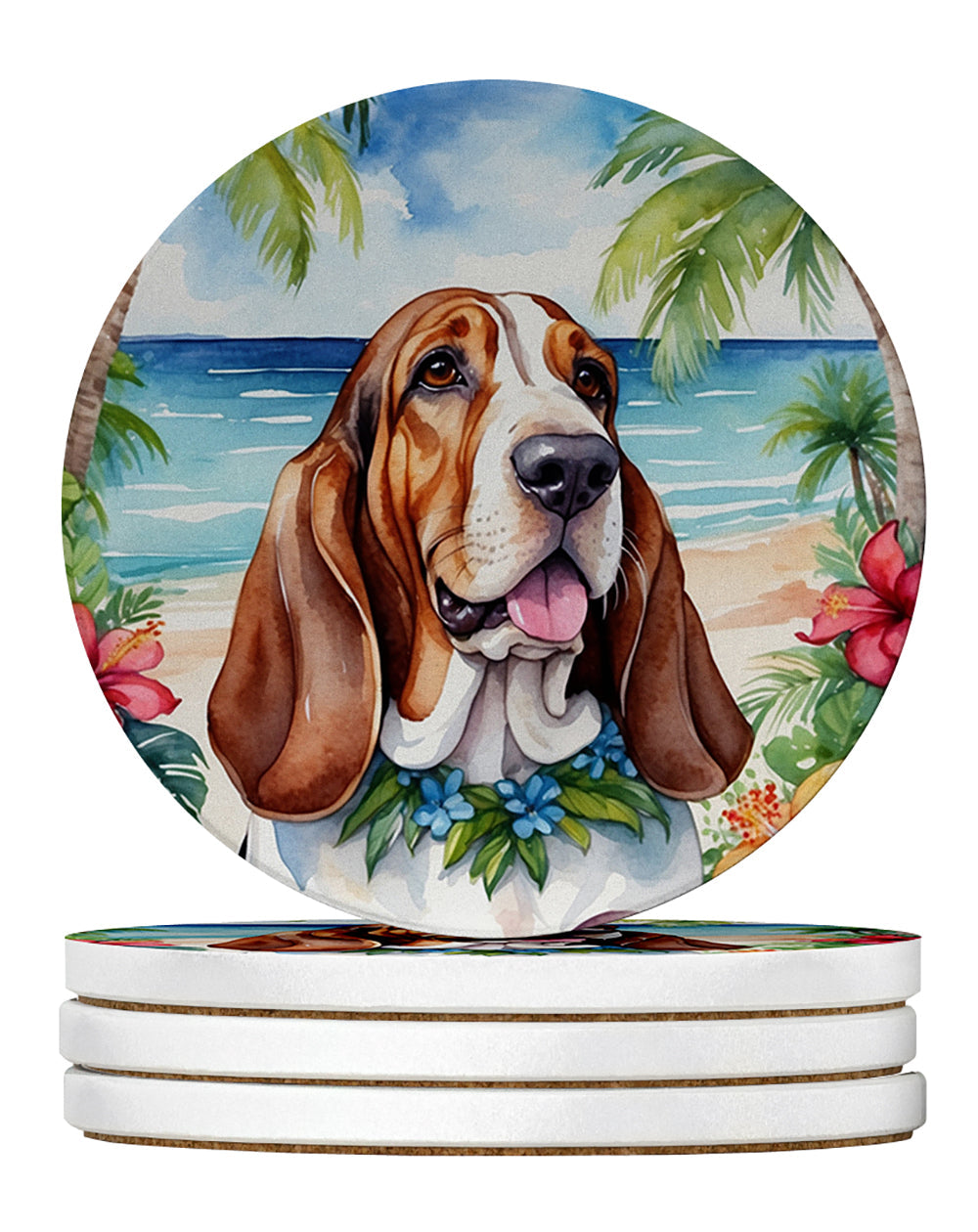 Basset Hound Luau Large Sandstone Coasters Pack of 4 Absorbent Round Coasters Decor Gifts for Men or Women, 4 in, Multicolor