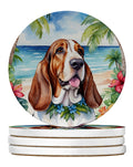Basset Hound Luau Large Sandstone Coasters Pack of 4 Absorbent Round Coasters Decor Gifts for Men or Women, 4 in, Multicolor