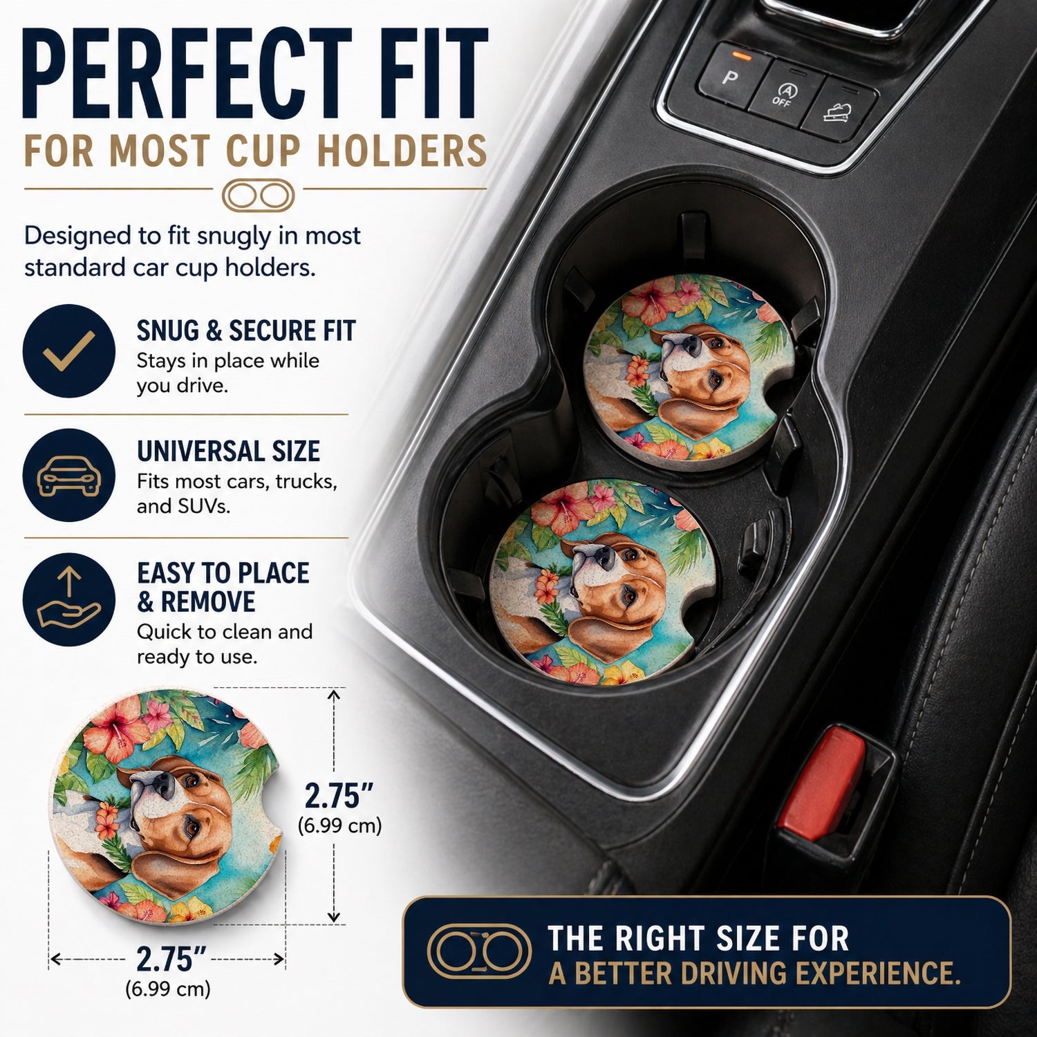 Beagle Luau Set of 2 Cup Holder Car Coasters Absorbent Round Sandstone Coasters Gifts for Men or Women, 2.5, Multicolor