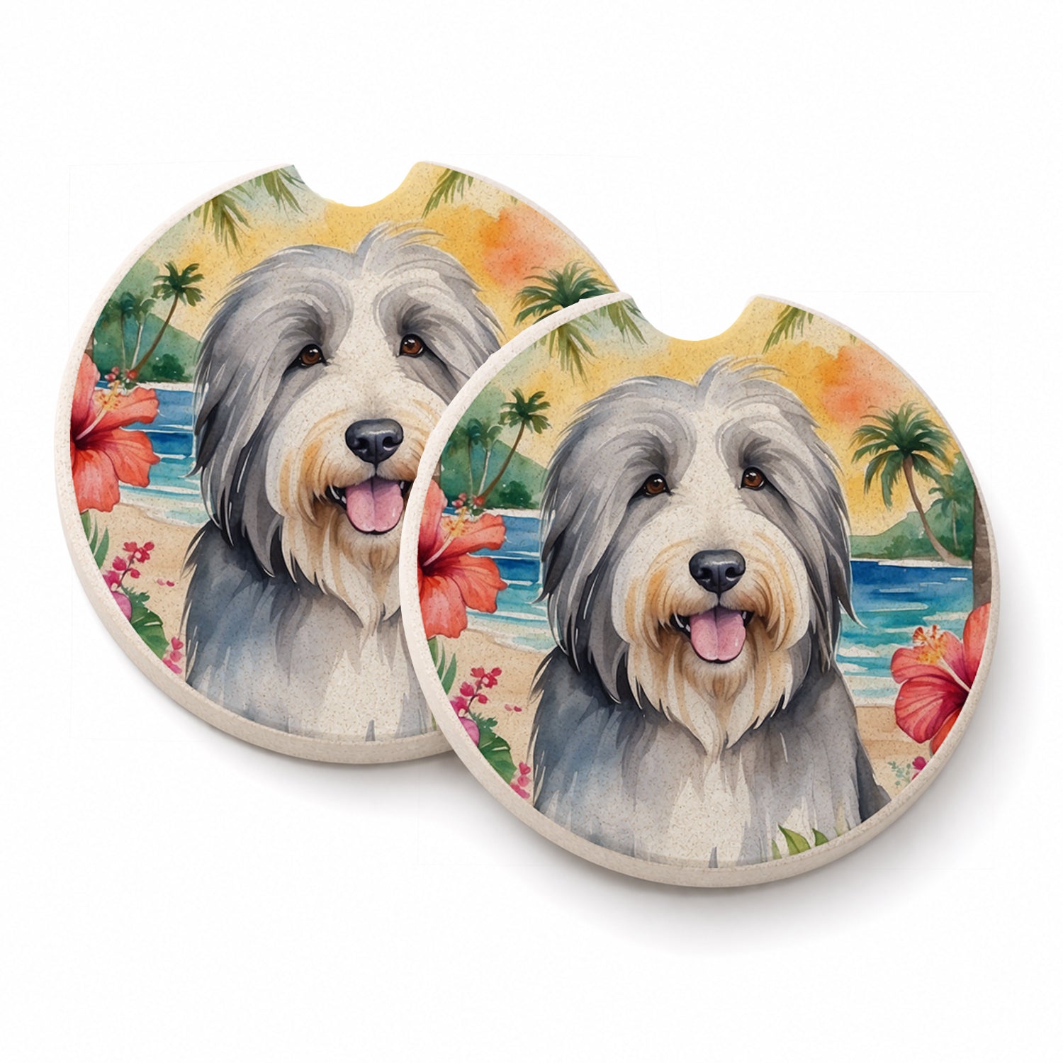 Bearded Collie Luau Set of 2 Cup Holder Car Coasters Absorbent Round Sandstone Coasters Gifts for Men or Women, 2.5, Multicolor