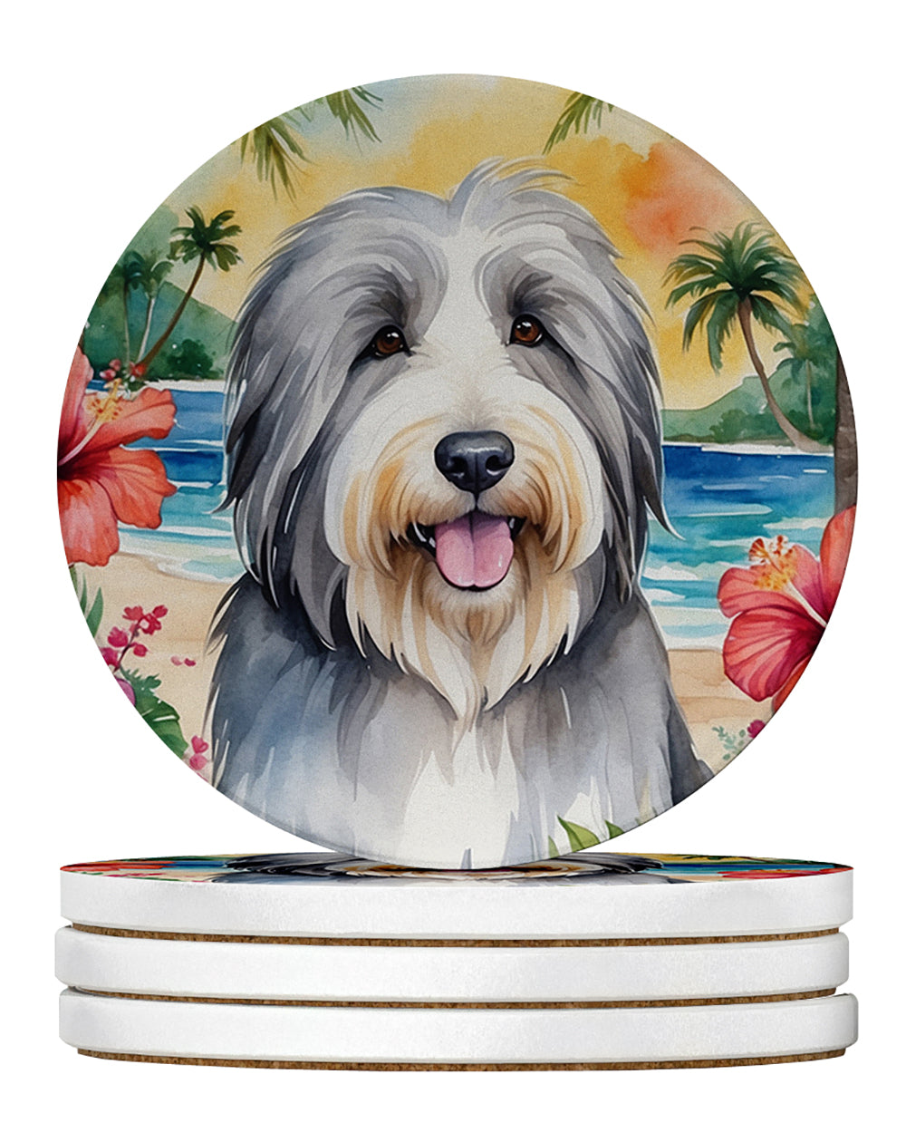 Bearded Collie Luau Large Sandstone Coasters Pack of 4 Absorbent Round Coasters Decor Gifts for Men or Women, 4 in, Multicolor