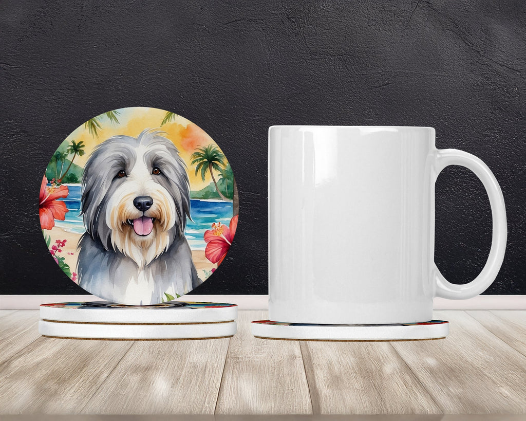 Bearded Collie Luau Large Sandstone Coasters Pack of 4 Absorbent Round Coasters Decor Gifts for Men or Women, 4 in, Multicolor