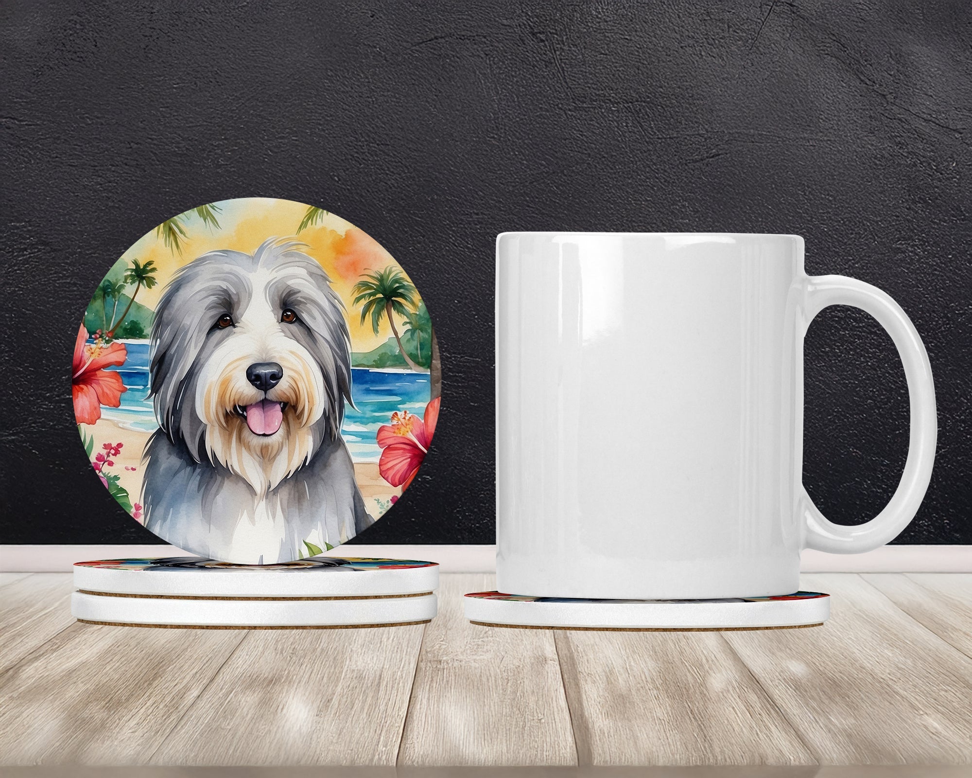 Bearded Collie Luau Large Sandstone Coasters Pack of 4 Absorbent Round Coasters Decor Gifts for Men or Women, 4 in, Multicolor