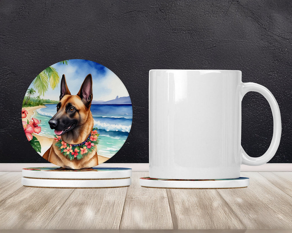 Belgian Malinois Luau Large Sandstone Coasters Pack of 4 Absorbent Round Coasters Decor Gifts for Men or Women, 4 in, Multicolor