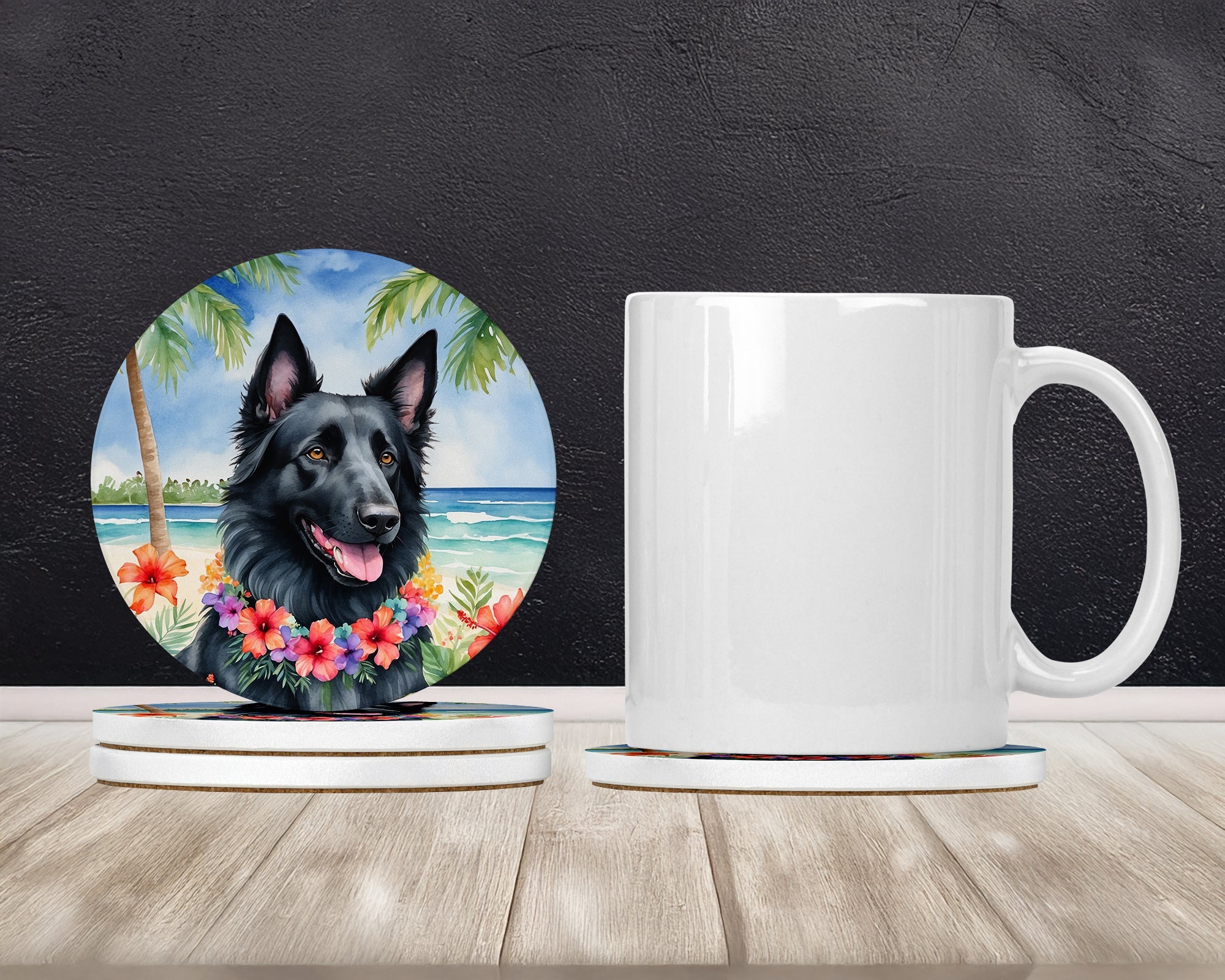 Belgian Sheepdog Luau Large Sandstone Coasters Pack of 4 Absorbent Round Coasters Decor Gifts for Men or Women, 4 in, Multicolor