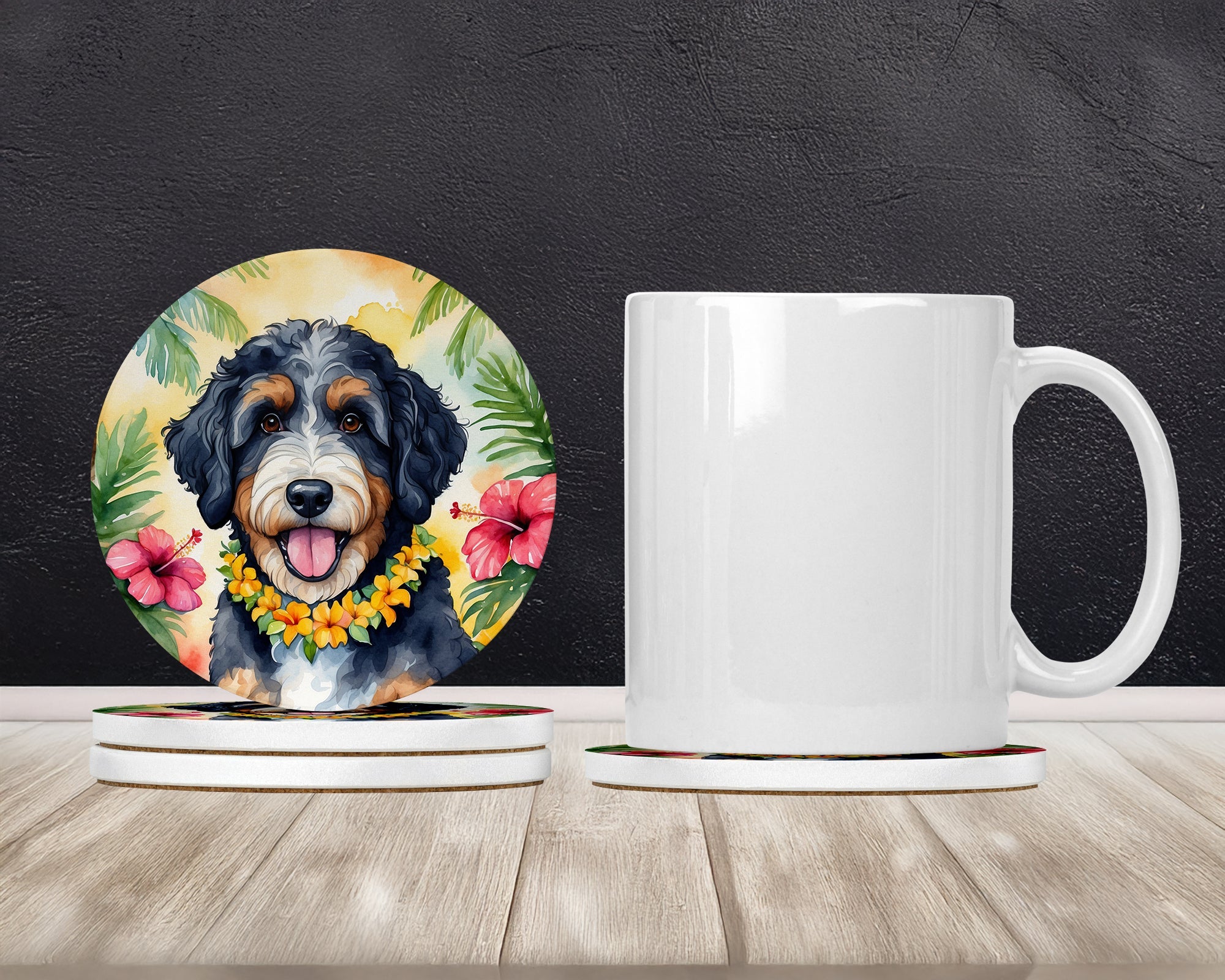 Bernedoodle Luau Large Sandstone Coasters Pack of 4 Absorbent Round Coasters Decor Gifts for Men or Women, 4 in, Multicolor