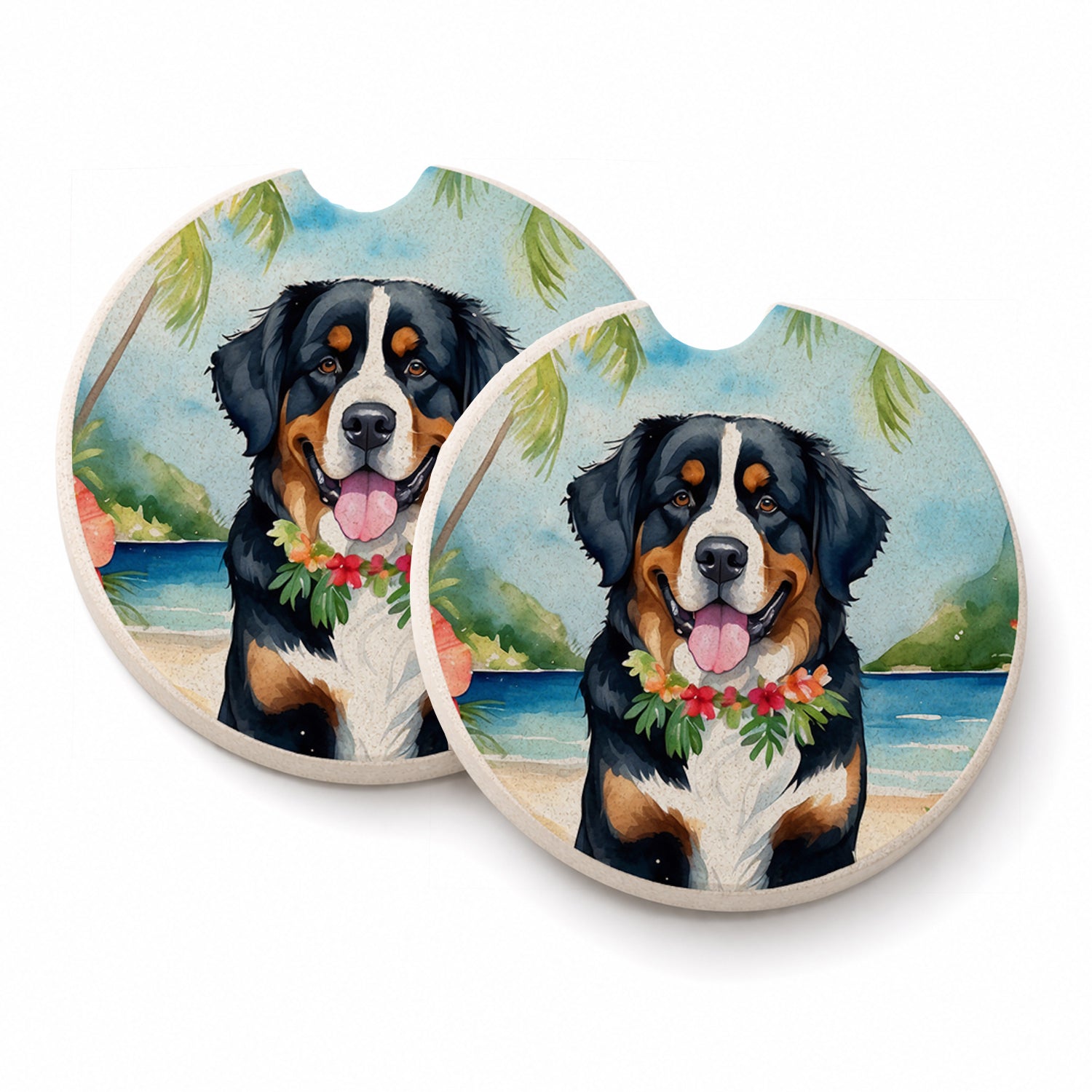 Bernese Mountain Dog Luau Set of 2 Cup Holder Car Coasters Absorbent Round Sandstone Coasters Gifts for Men or Women, 2.5, Multicolor