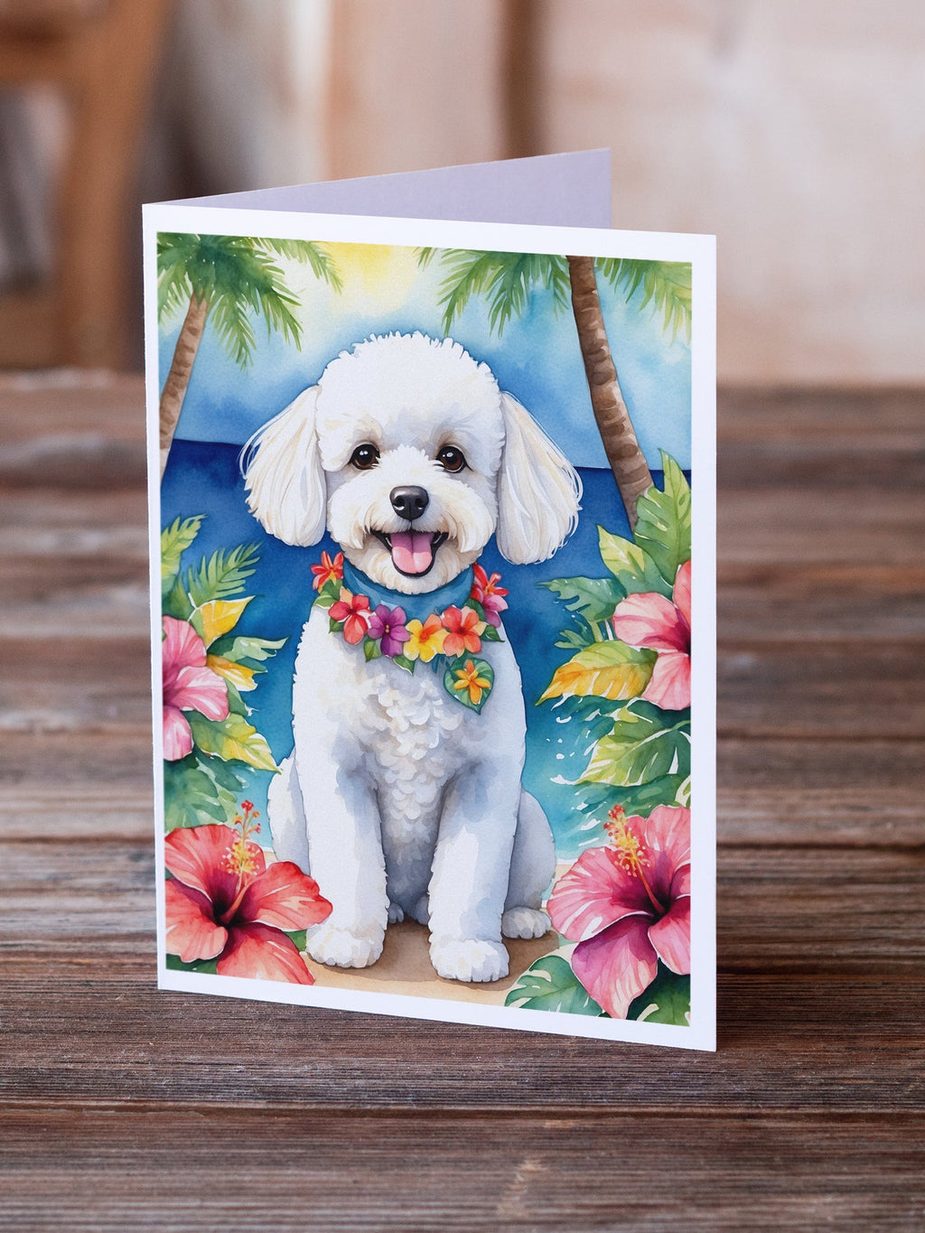 Bichon Frise Luau Greeting Cards Pack of 8 Blank Cards with Envelopes Whimsical A7 Size 5x7