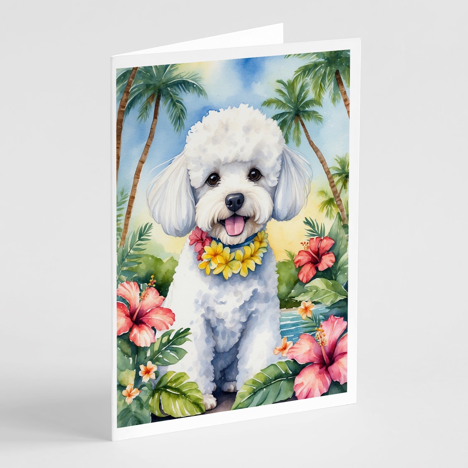 Bichon Frise Luau Greeting Cards Pack of 8 Blank Cards with Envelopes Whimsical A7 Size 5x7