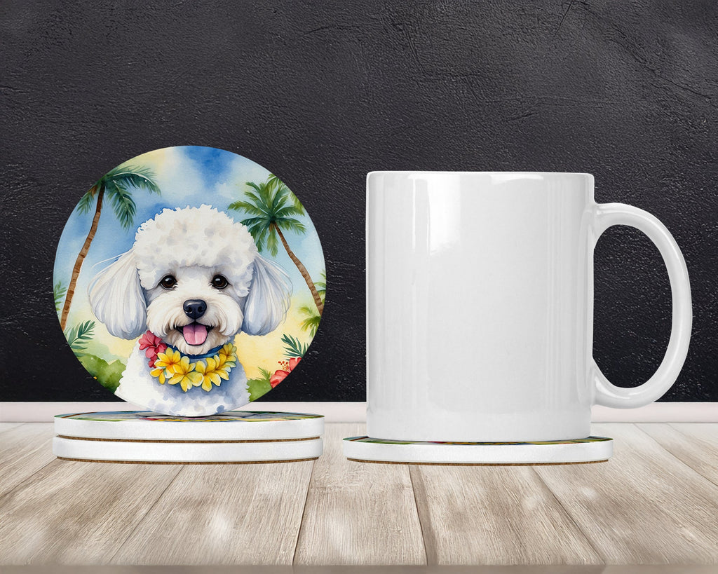Bichon Frise Luau Large Sandstone Coasters Pack of 4 Absorbent Round Coasters Decor Gifts for Men or Women, 4 in, Multicolor