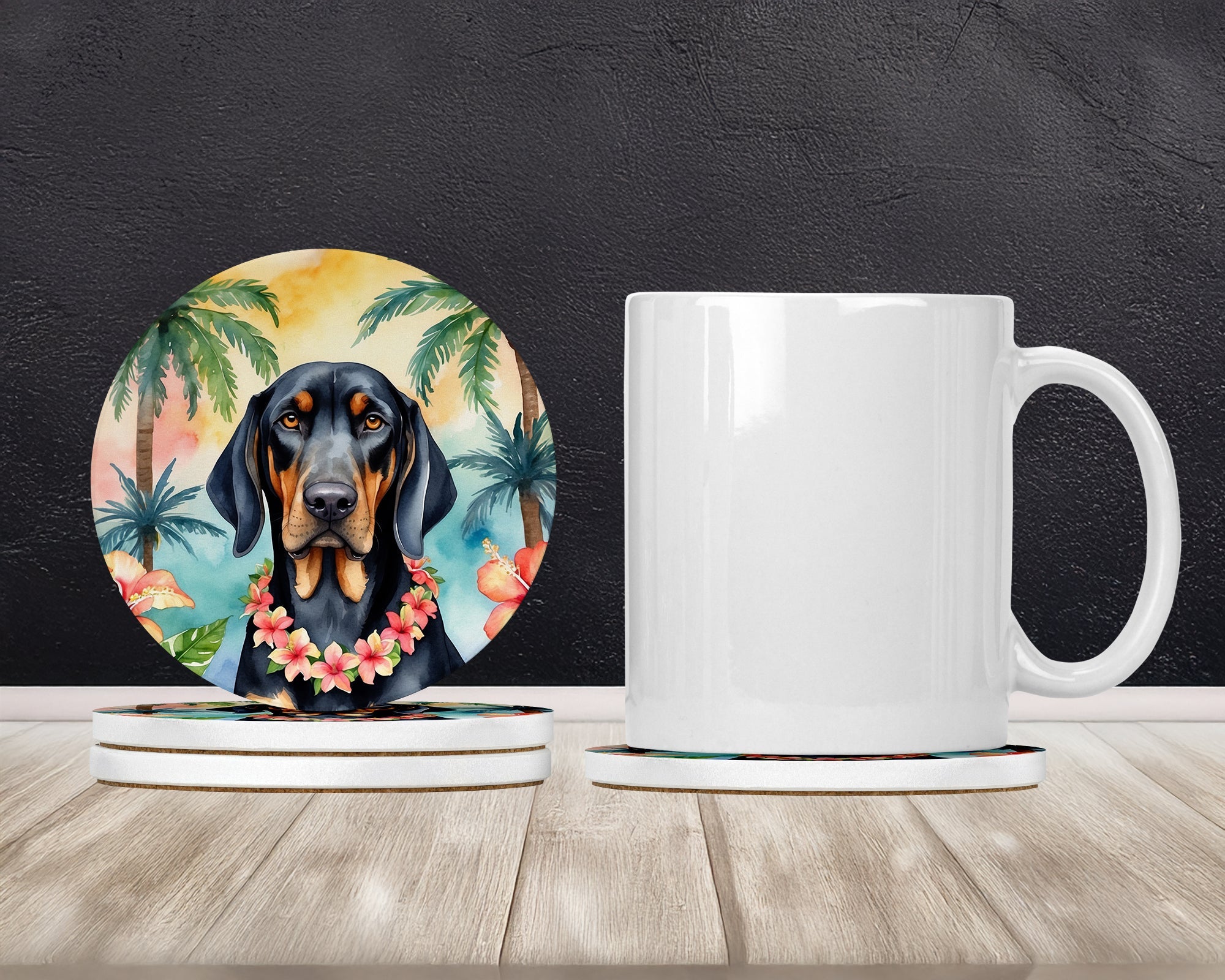 Black and Tan Coonhound Luau Large Sandstone Coasters Pack of 4 Absorbent Round Coasters Decor Gifts for Men or Women, 4 in, Multicolor