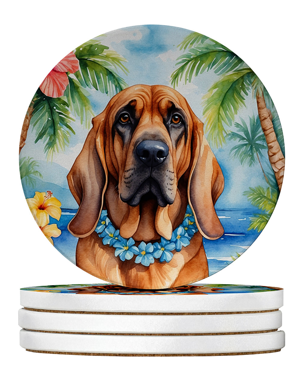 Bloodhound Luau Large Sandstone Coasters Pack of 4 Absorbent Round Coasters Decor Gifts for Men or Women, 4 in, Multicolor